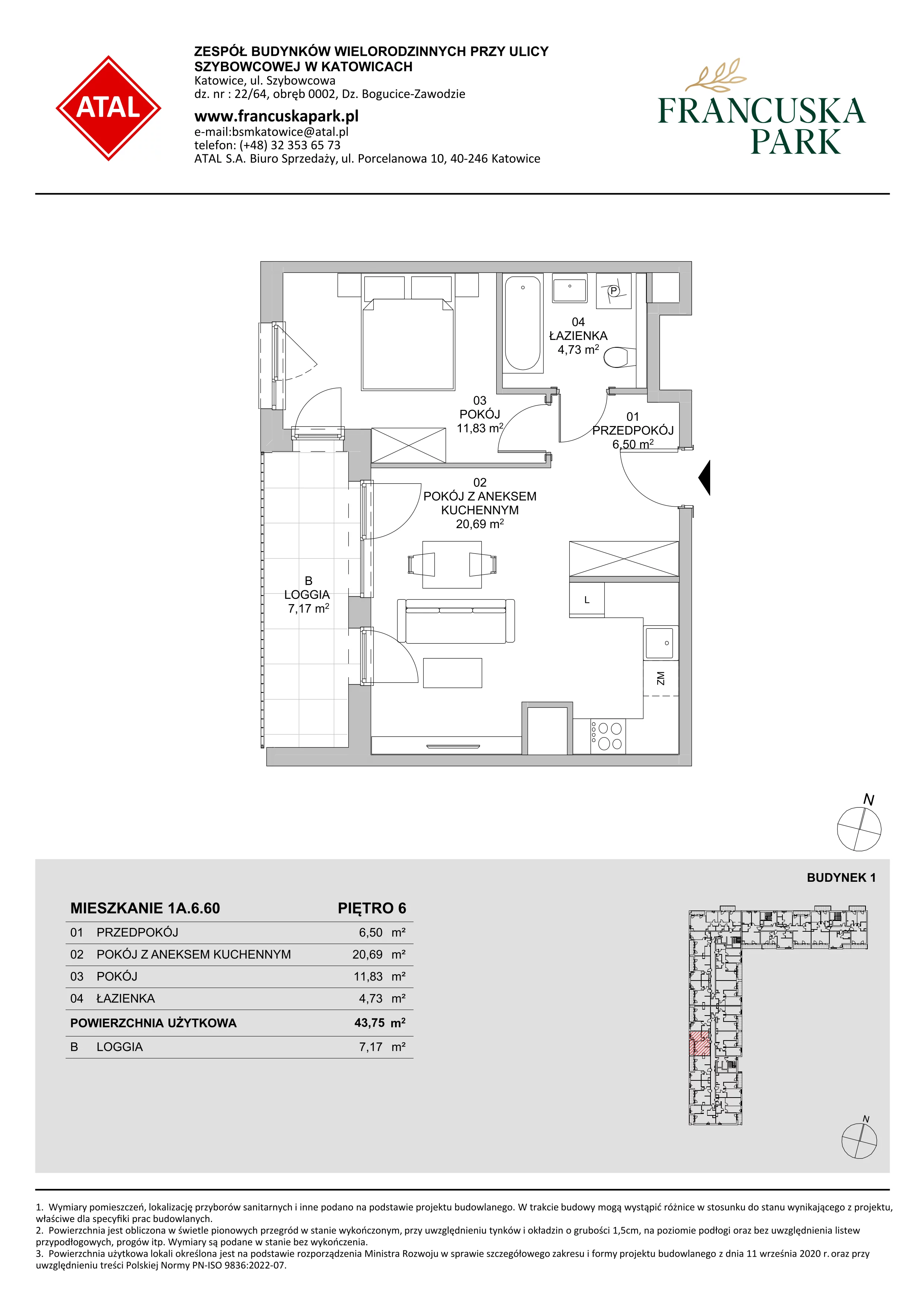 2 pokoje, mieszkanie 43,75 m², piętro 6, oferta nr 1A.6.60, Francuska Park VIIIB, Katowice, Osiedle Paderewskiego-Muchowiec, Muchowiec, ul. Szybowcowa