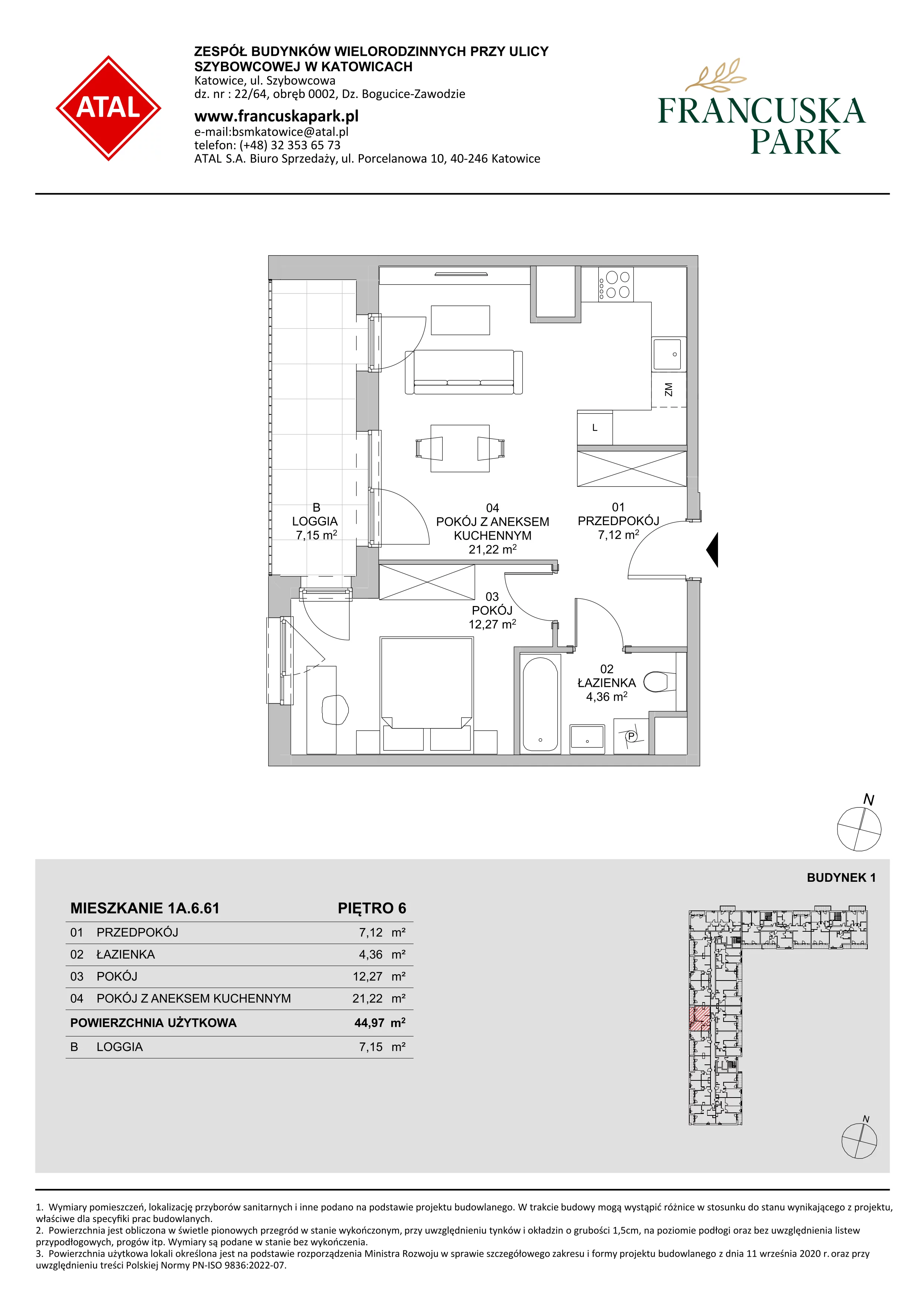 2 pokoje, mieszkanie 44,97 m², piętro 6, oferta nr 1A.6.61, Francuska Park VIIIB, Katowice, Osiedle Paderewskiego-Muchowiec, Muchowiec, ul. Szybowcowa
