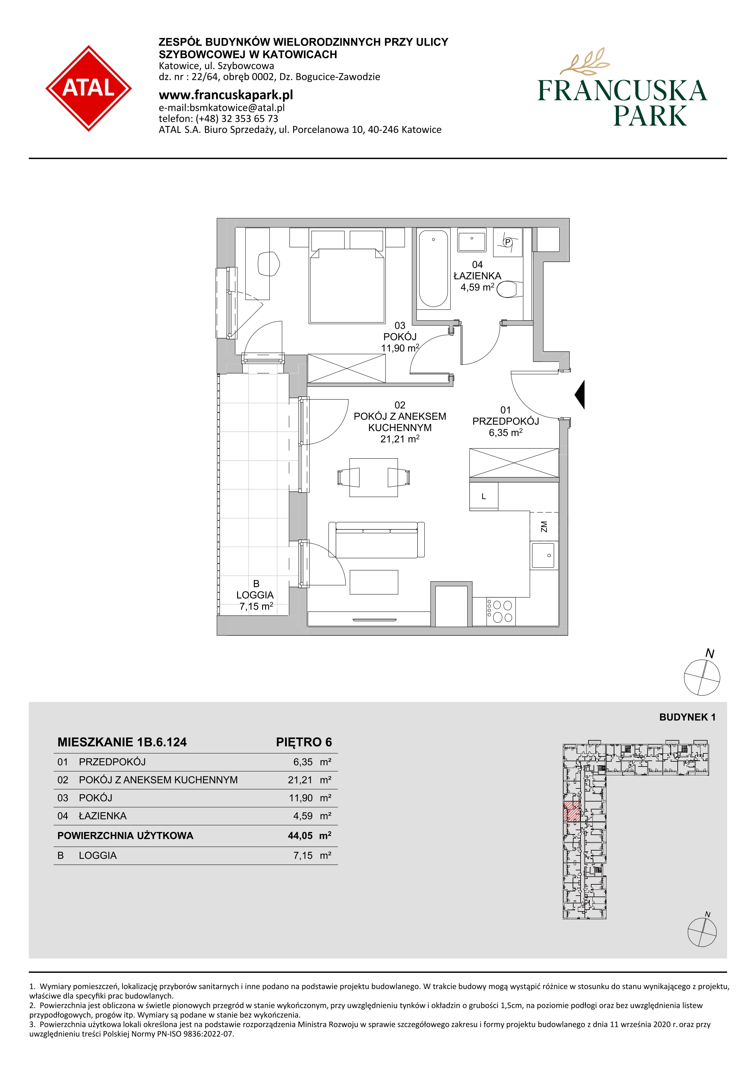 2 pokoje, mieszkanie 44,05 m², piętro 6, oferta nr 1B.6.124, Francuska Park VIIIB, Katowice, Osiedle Paderewskiego-Muchowiec, Muchowiec, ul. Szybowcowa