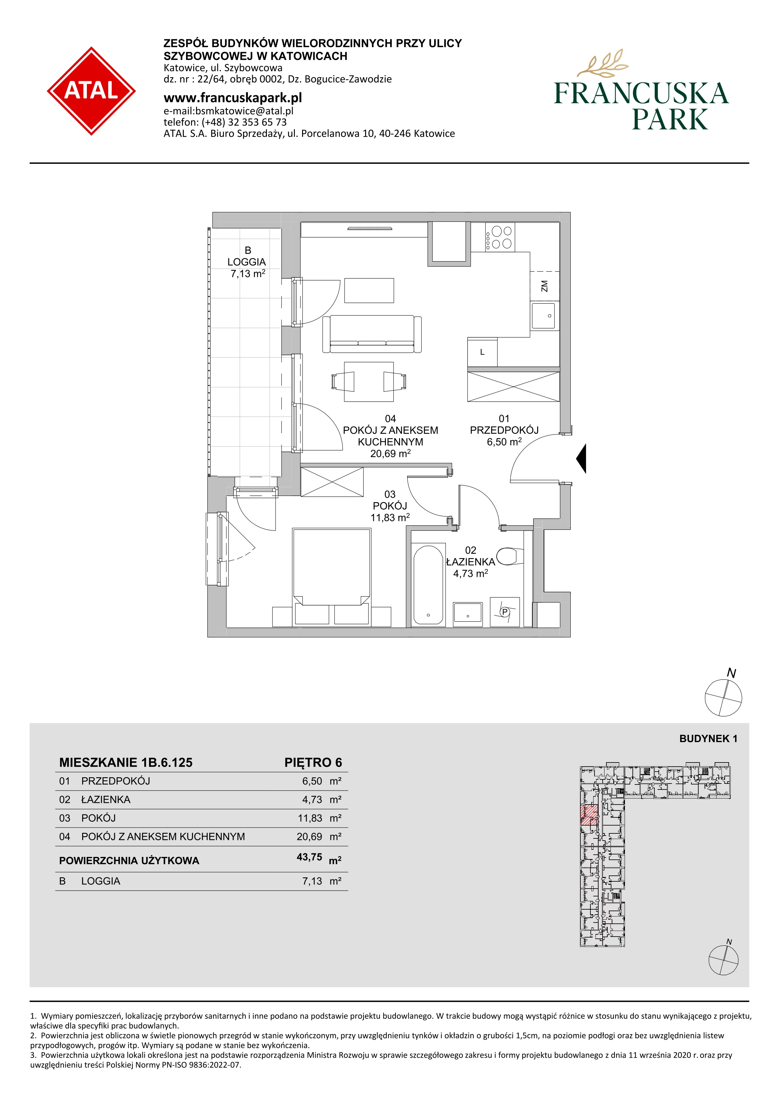2 pokoje, mieszkanie 43,75 m², piętro 6, oferta nr 1B.6.125, Francuska Park VIIIB, Katowice, Osiedle Paderewskiego-Muchowiec, Muchowiec, ul. Szybowcowa