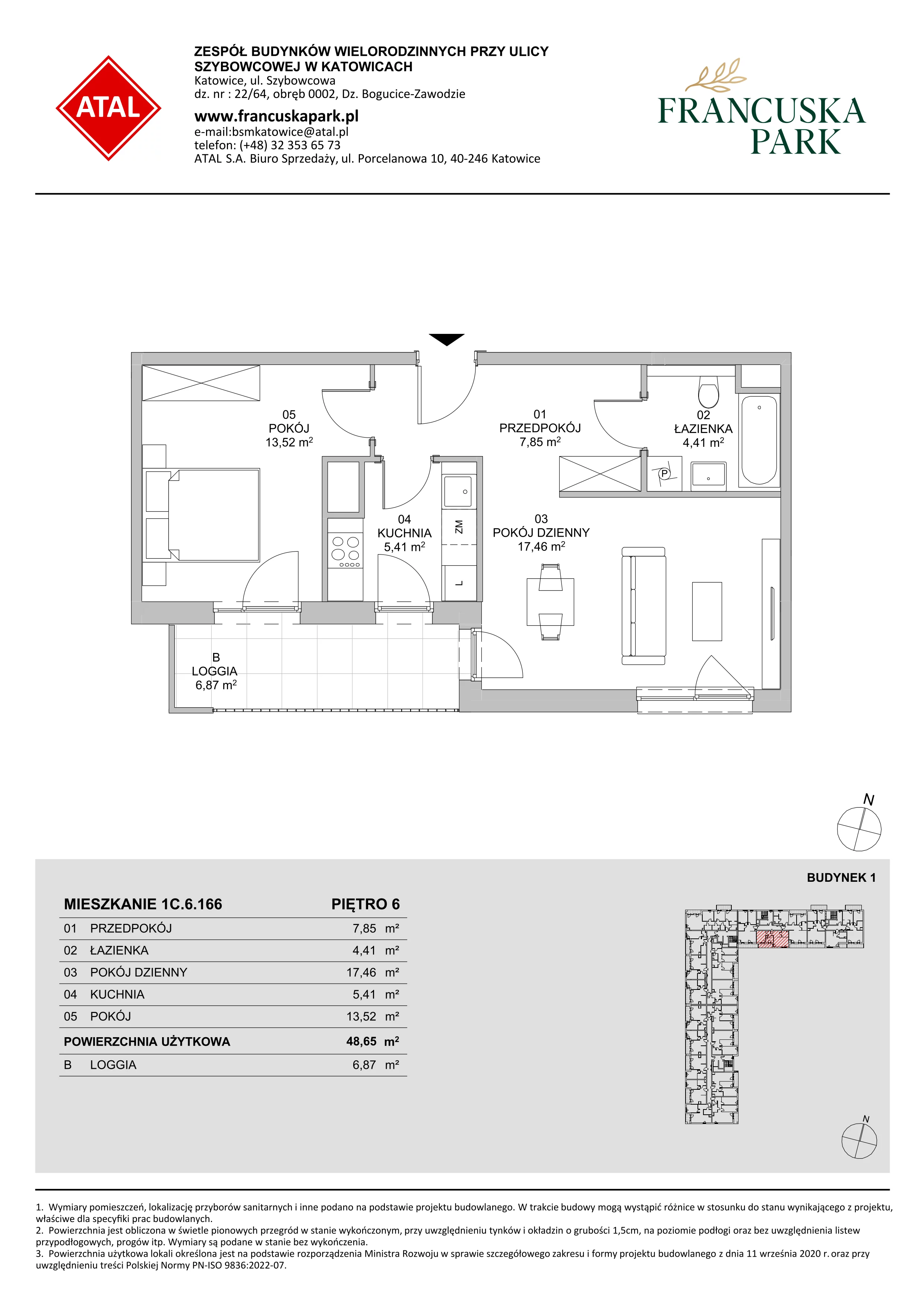 2 pokoje, mieszkanie 48,65 m², piętro 6, oferta nr 1C.6.166, Francuska Park VIIIB, Katowice, Osiedle Paderewskiego-Muchowiec, Muchowiec, ul. Szybowcowa