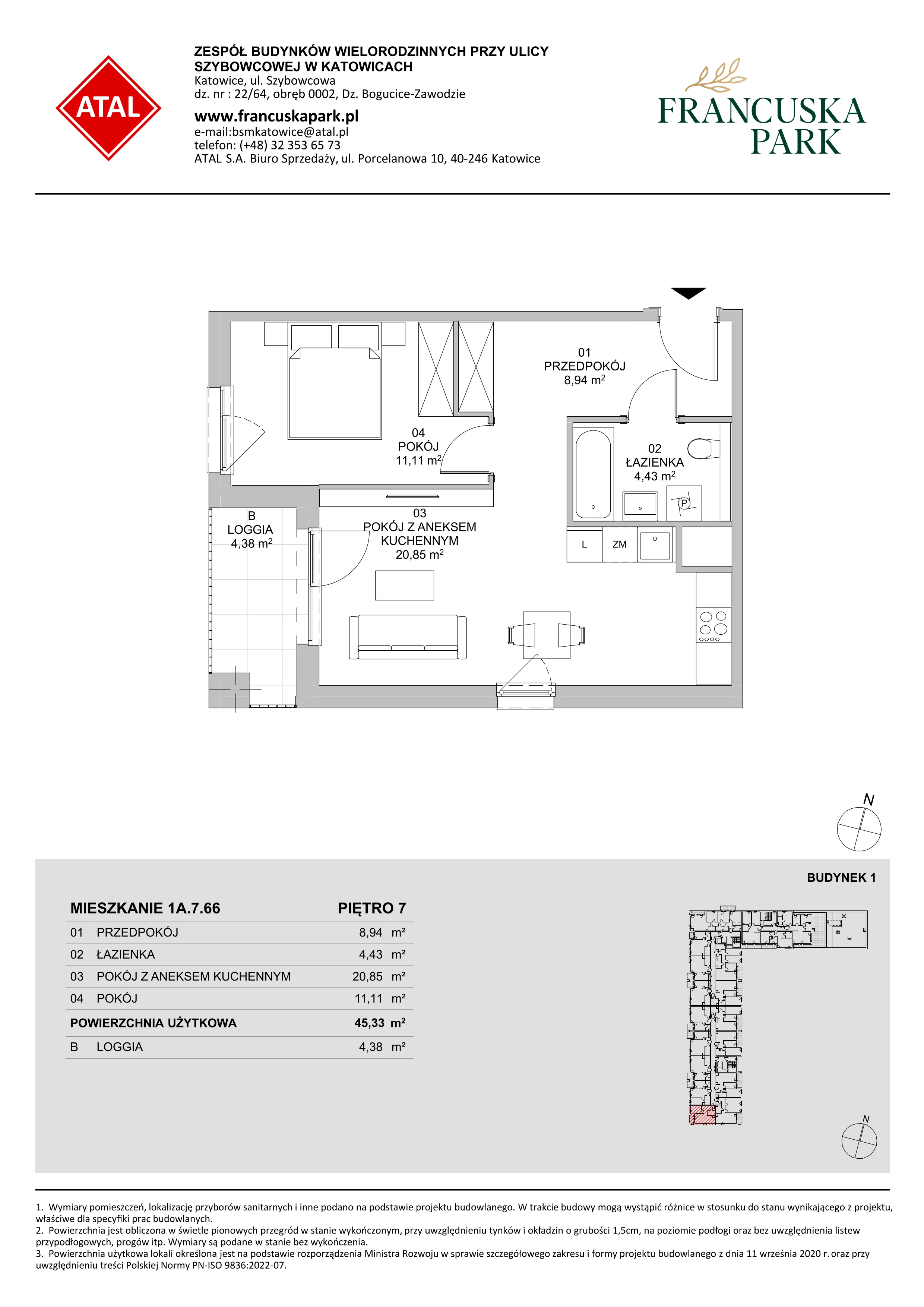 2 pokoje, mieszkanie 45,33 m², piętro 7, oferta nr 1A.7.66, Francuska Park VIIIB, Katowice, Osiedle Paderewskiego-Muchowiec, Muchowiec, ul. Szybowcowa