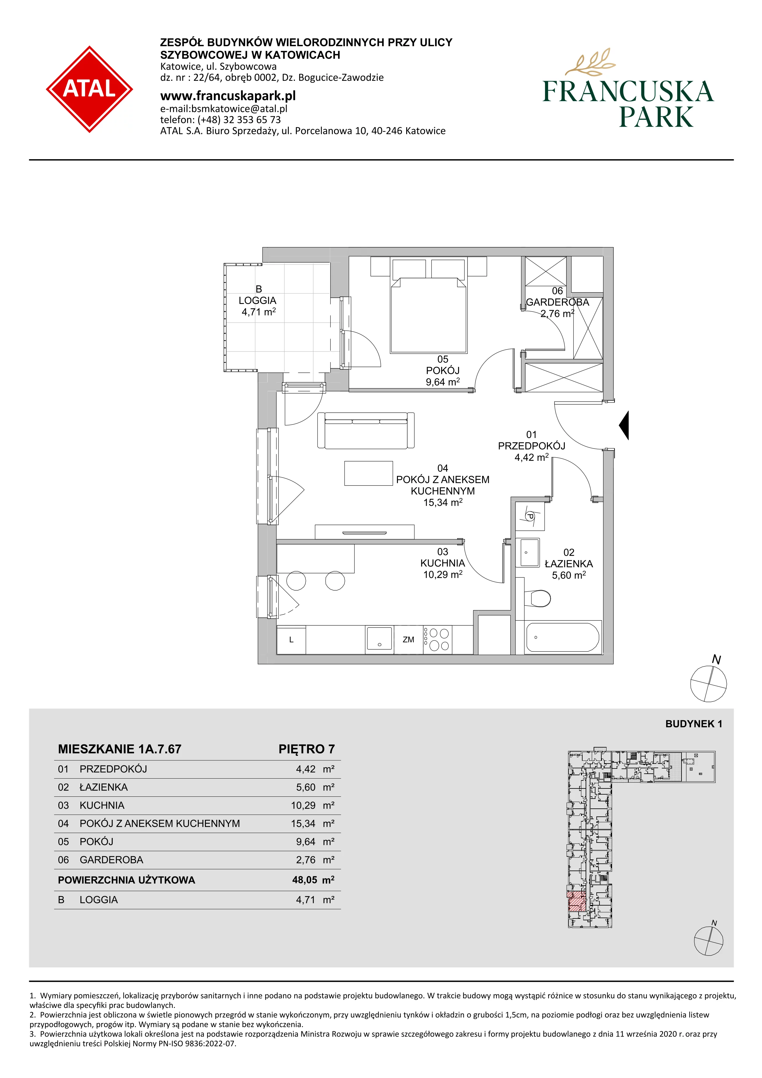 2 pokoje, mieszkanie 47,95 m², piętro 7, oferta nr 1A.7.67, Francuska Park VIIIB, Katowice, Osiedle Paderewskiego-Muchowiec, Muchowiec, ul. Szybowcowa