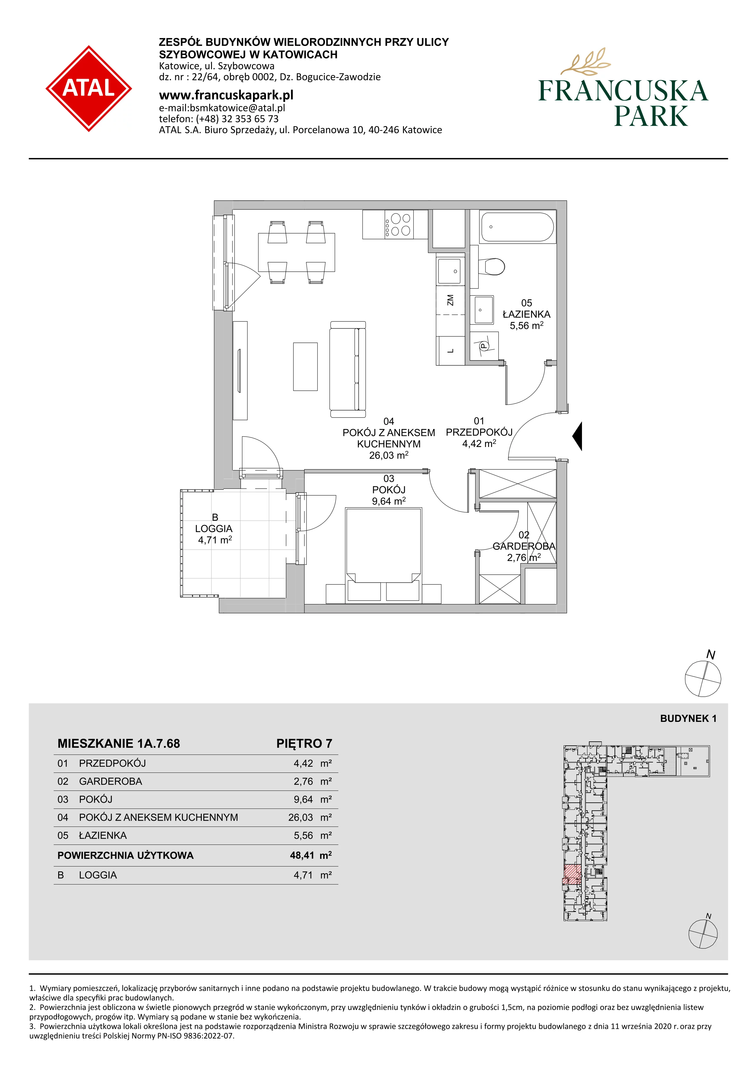 2 pokoje, mieszkanie 48,31 m², piętro 7, oferta nr 1A.7.68, Francuska Park VIIIB, Katowice, Osiedle Paderewskiego-Muchowiec, Muchowiec, ul. Szybowcowa