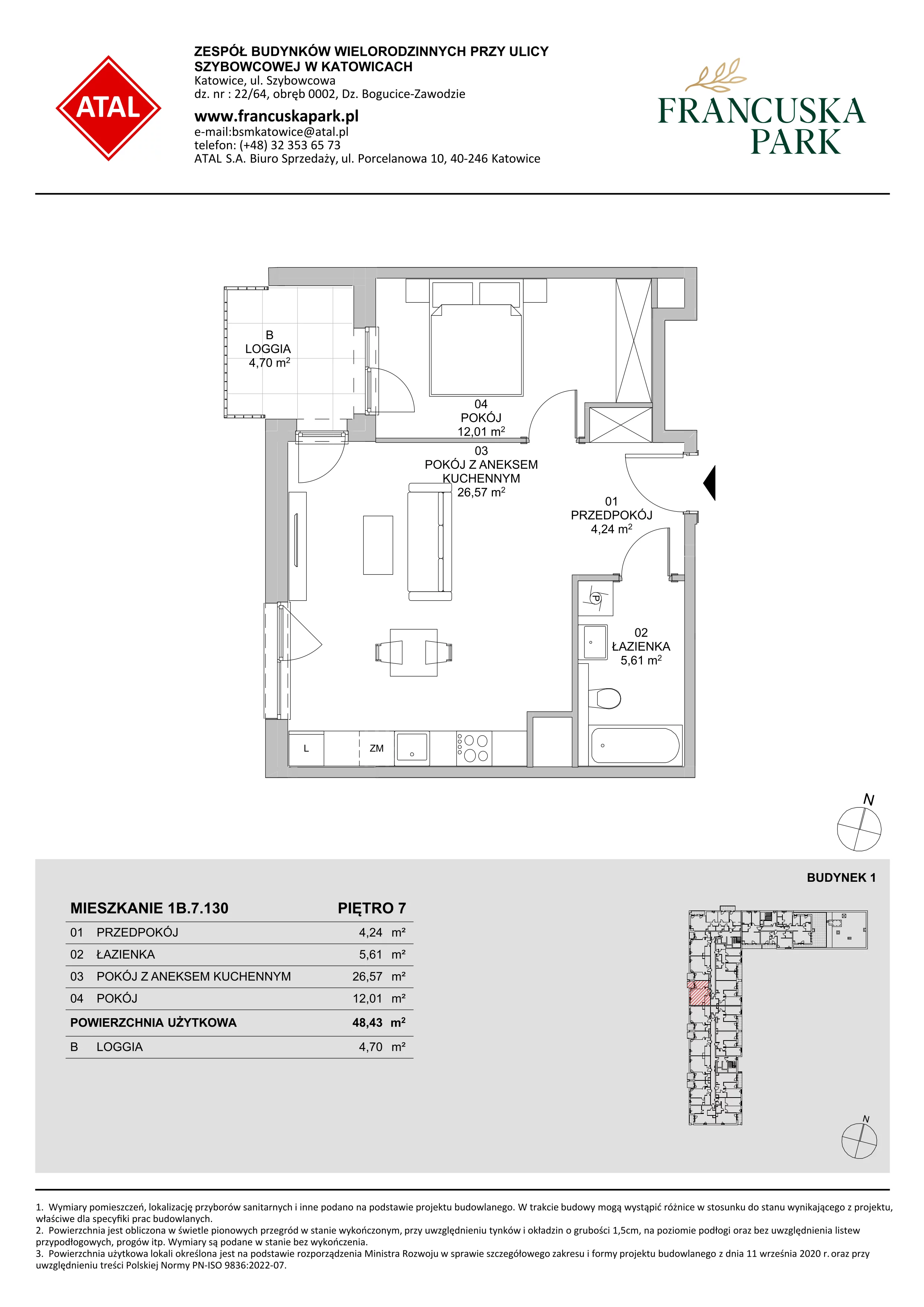 2 pokoje, mieszkanie 48,33 m², piętro 7, oferta nr 1B.7.130, Francuska Park VIIIB, Katowice, Osiedle Paderewskiego-Muchowiec, Muchowiec, ul. Szybowcowa