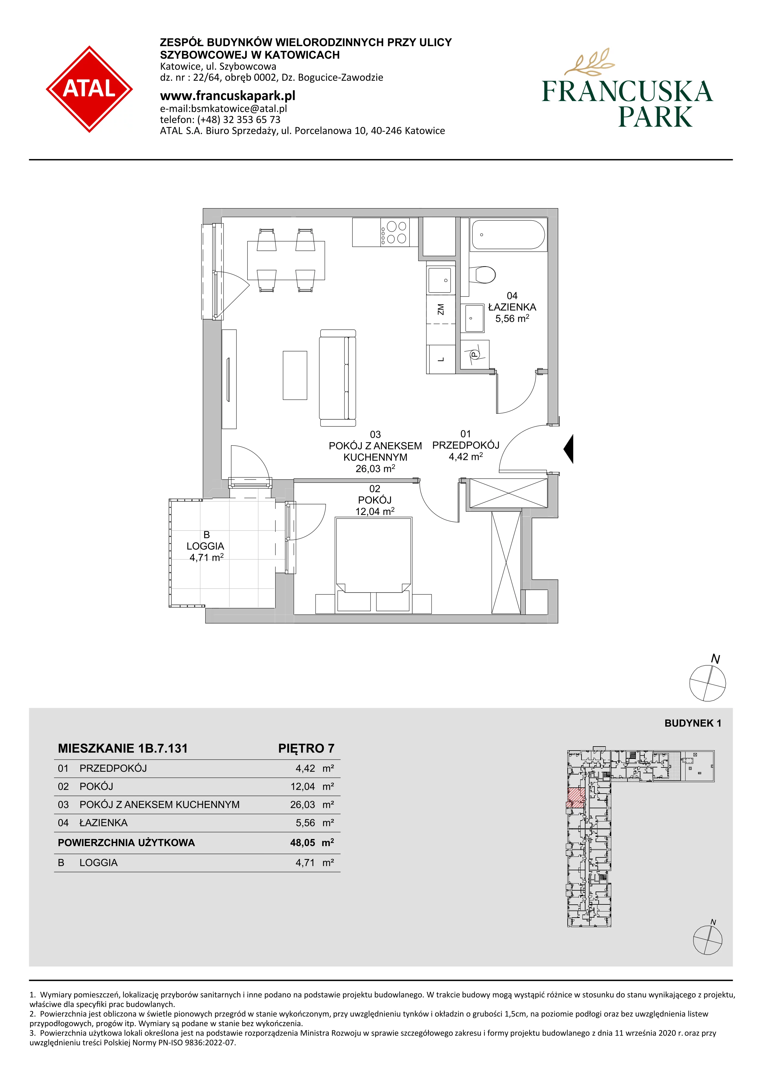 2 pokoje, mieszkanie 47,94 m², piętro 7, oferta nr 1B.7.131, Francuska Park VIIIB, Katowice, Osiedle Paderewskiego-Muchowiec, Muchowiec, ul. Szybowcowa