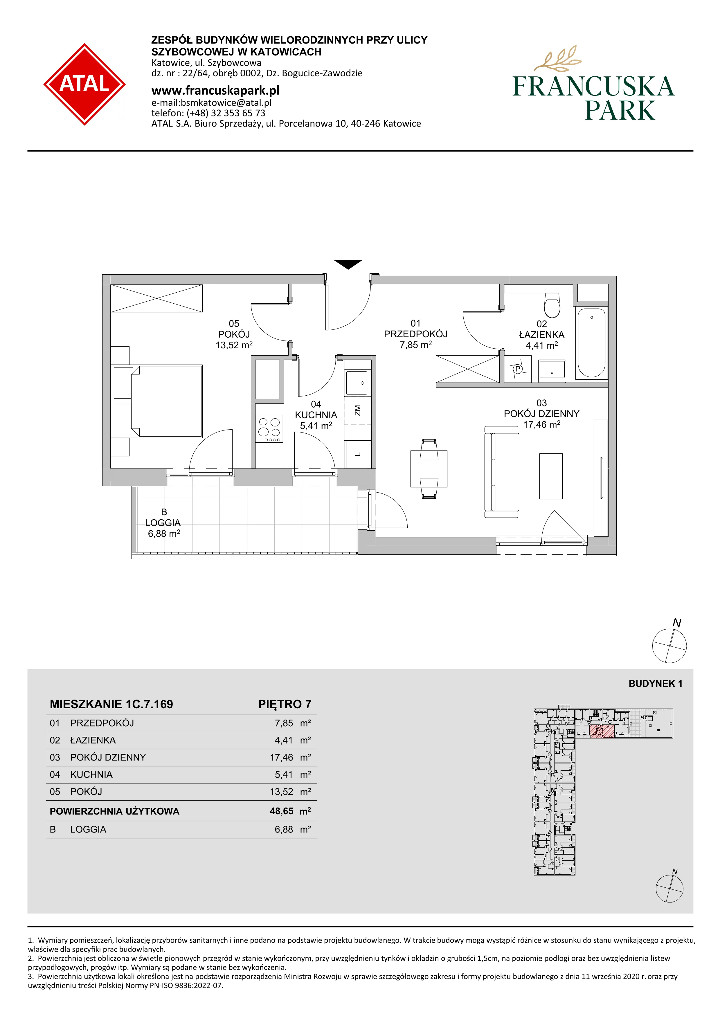 2 pokoje, mieszkanie 48,65 m², piętro 7, oferta nr 1C.7.169, Francuska Park VIIIB, Katowice, Osiedle Paderewskiego-Muchowiec, Muchowiec, ul. Szybowcowa