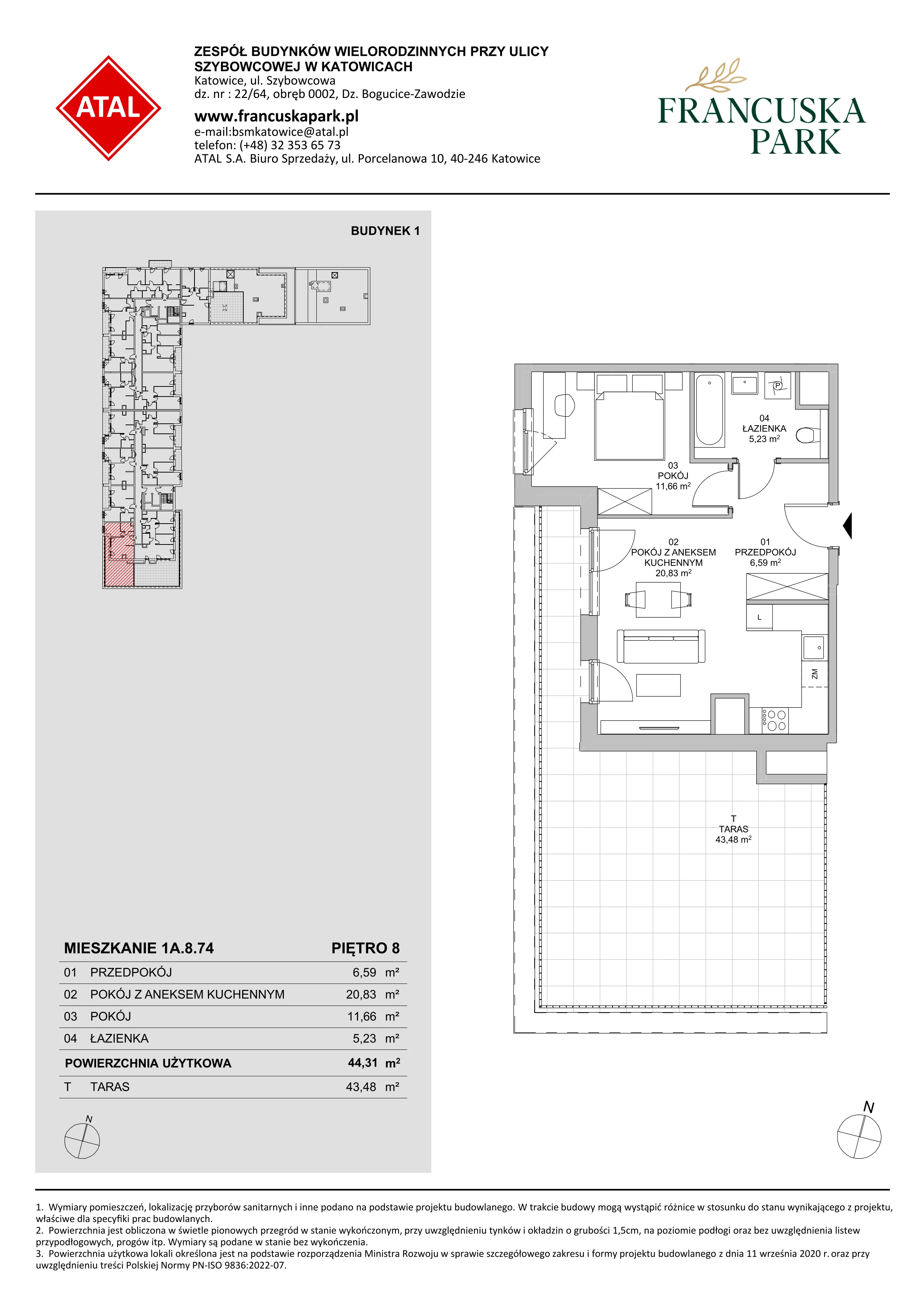 2 pokoje, mieszkanie 44,40 m², piętro 8, oferta nr 1A.8.74, Francuska Park VIIIB, Katowice, Osiedle Paderewskiego-Muchowiec, Muchowiec, ul. Szybowcowa