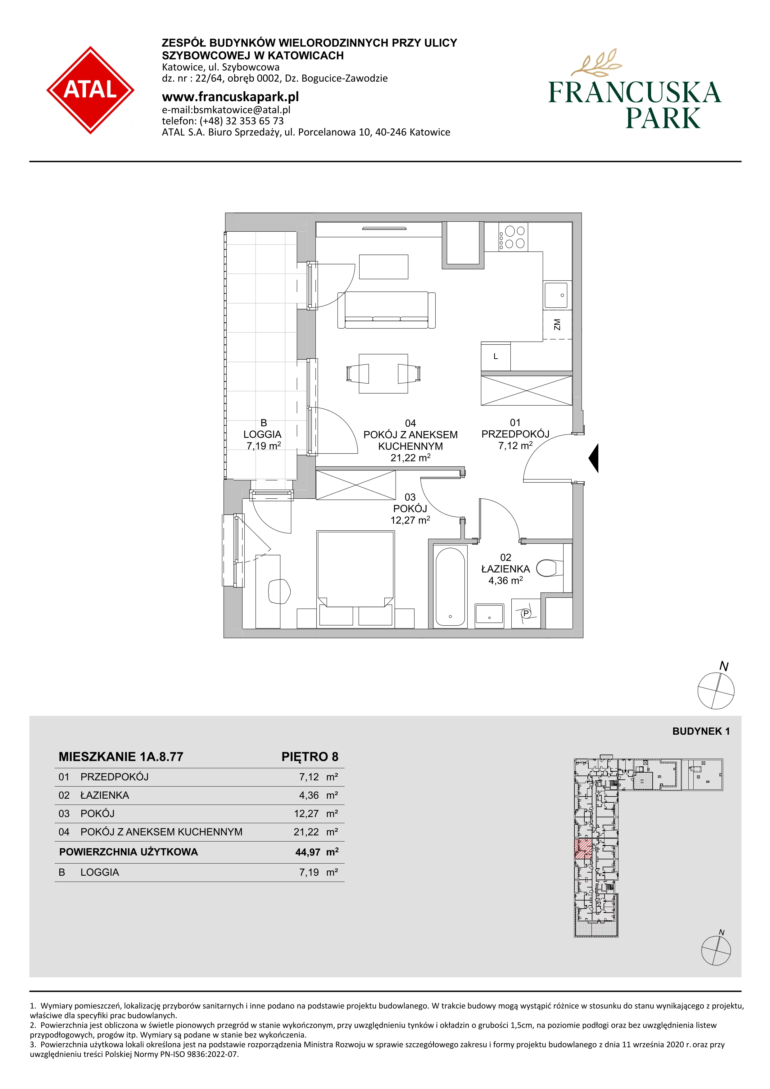 2 pokoje, mieszkanie 44,97 m², piętro 8, oferta nr 1A.8.77, Francuska Park VIIIB, Katowice, Osiedle Paderewskiego-Muchowiec, Muchowiec, ul. Szybowcowa