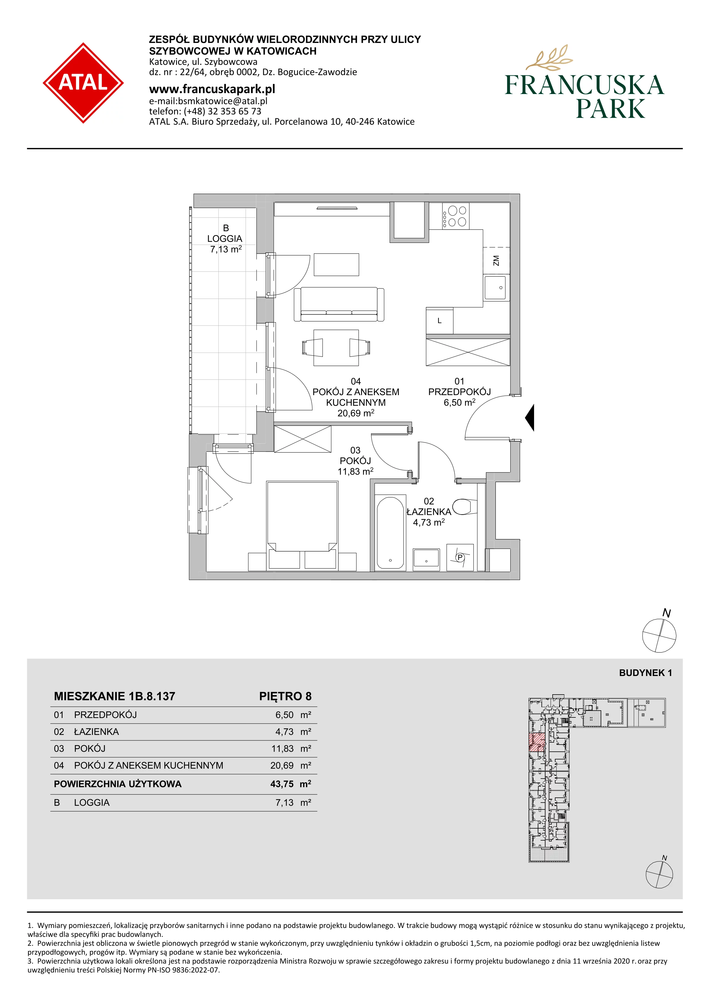 2 pokoje, mieszkanie 43,75 m², piętro 8, oferta nr 1B.8.137, Francuska Park VIIIB, Katowice, Osiedle Paderewskiego-Muchowiec, Muchowiec, ul. Szybowcowa