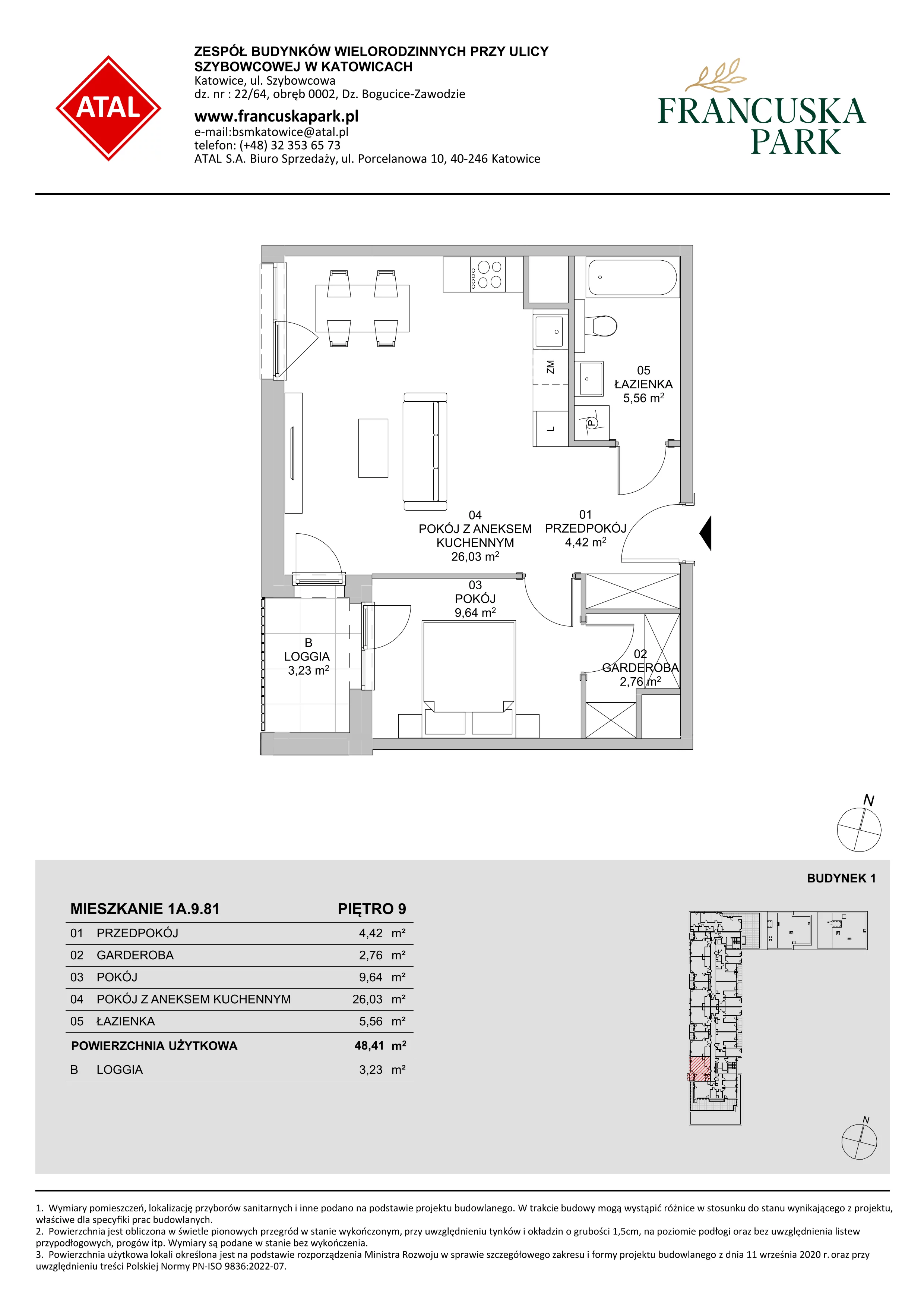 2 pokoje, mieszkanie 48,31 m², piętro 9, oferta nr 1A.9.81, Francuska Park VIIIB, Katowice, Osiedle Paderewskiego-Muchowiec, Muchowiec, ul. Szybowcowa