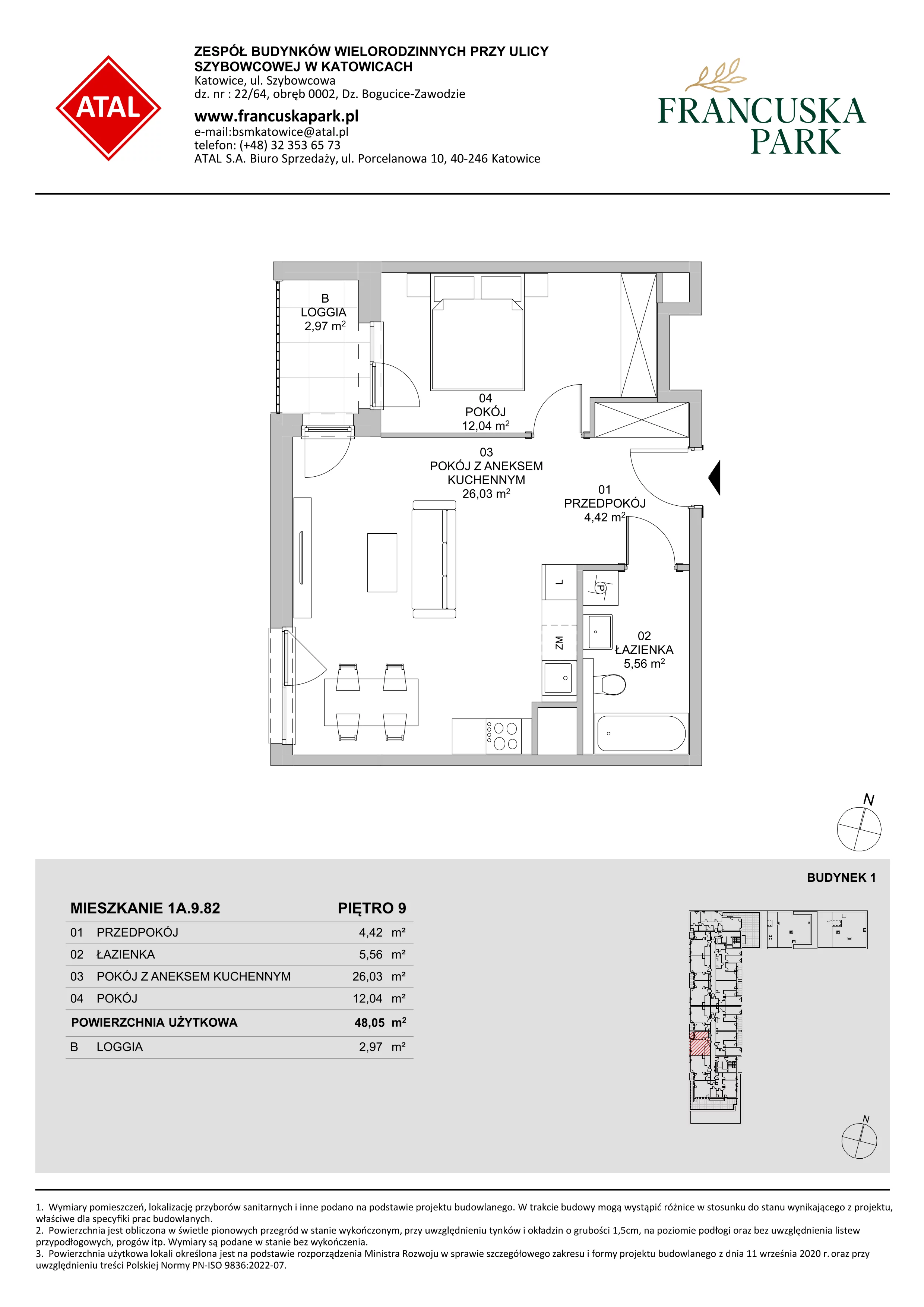 2 pokoje, mieszkanie 47,94 m², piętro 9, oferta nr 1A.9.82, Francuska Park VIIIB, Katowice, Osiedle Paderewskiego-Muchowiec, Muchowiec, ul. Szybowcowa