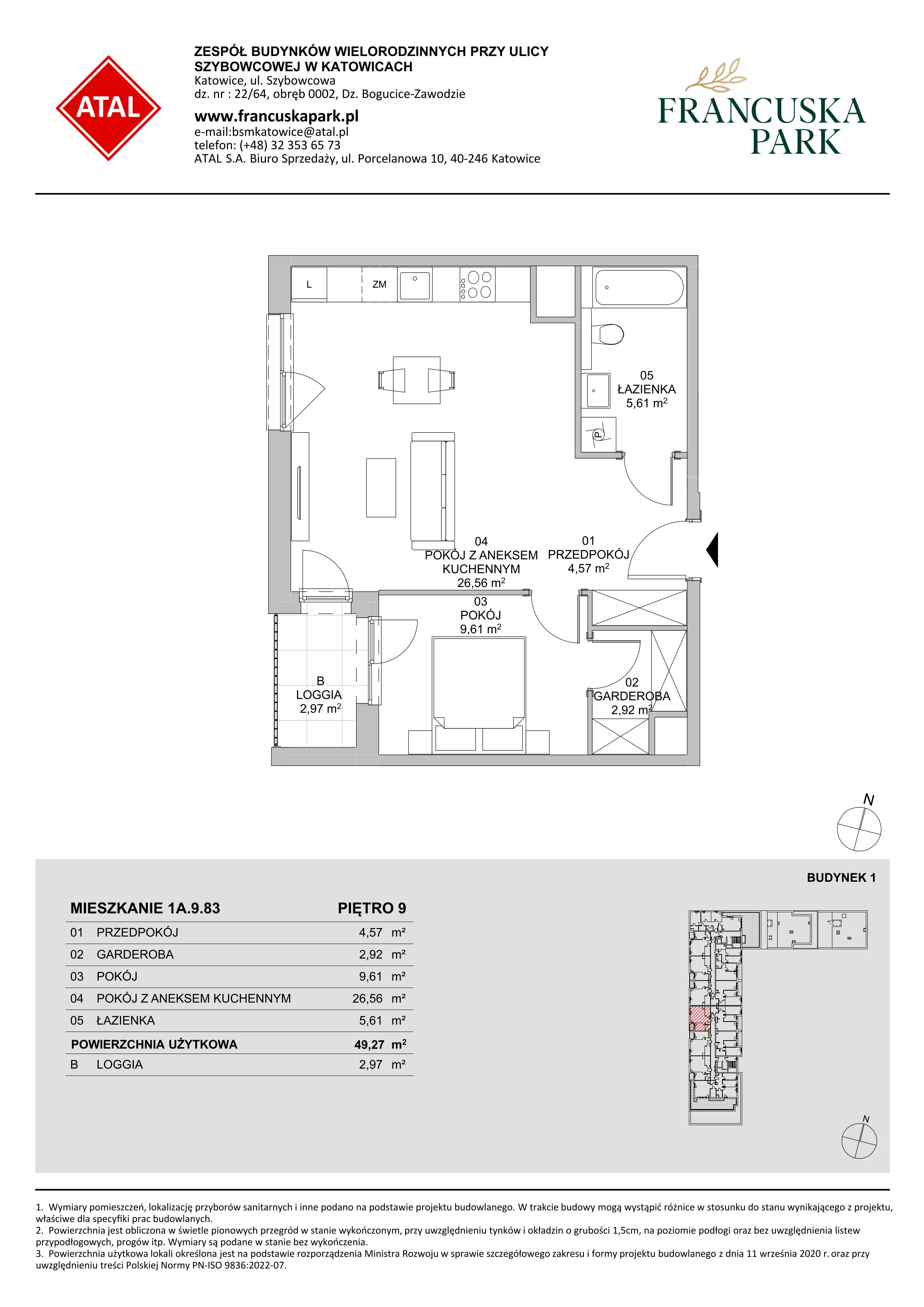 2 pokoje, mieszkanie 49,17 m², piętro 9, oferta nr 1A.9.83, Francuska Park VIIIB, Katowice, Osiedle Paderewskiego-Muchowiec, Muchowiec, ul. Szybowcowa