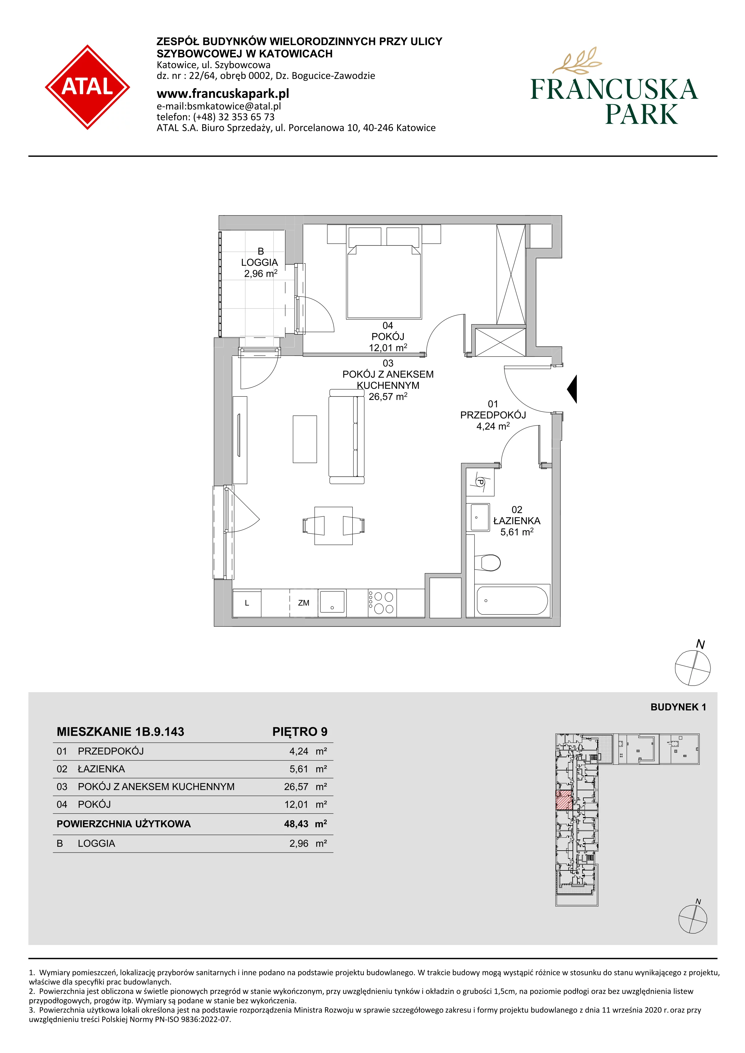 2 pokoje, mieszkanie 48,33 m², piętro 9, oferta nr 1B.9.143, Francuska Park VIIIB, Katowice, Osiedle Paderewskiego-Muchowiec, Muchowiec, ul. Szybowcowa
