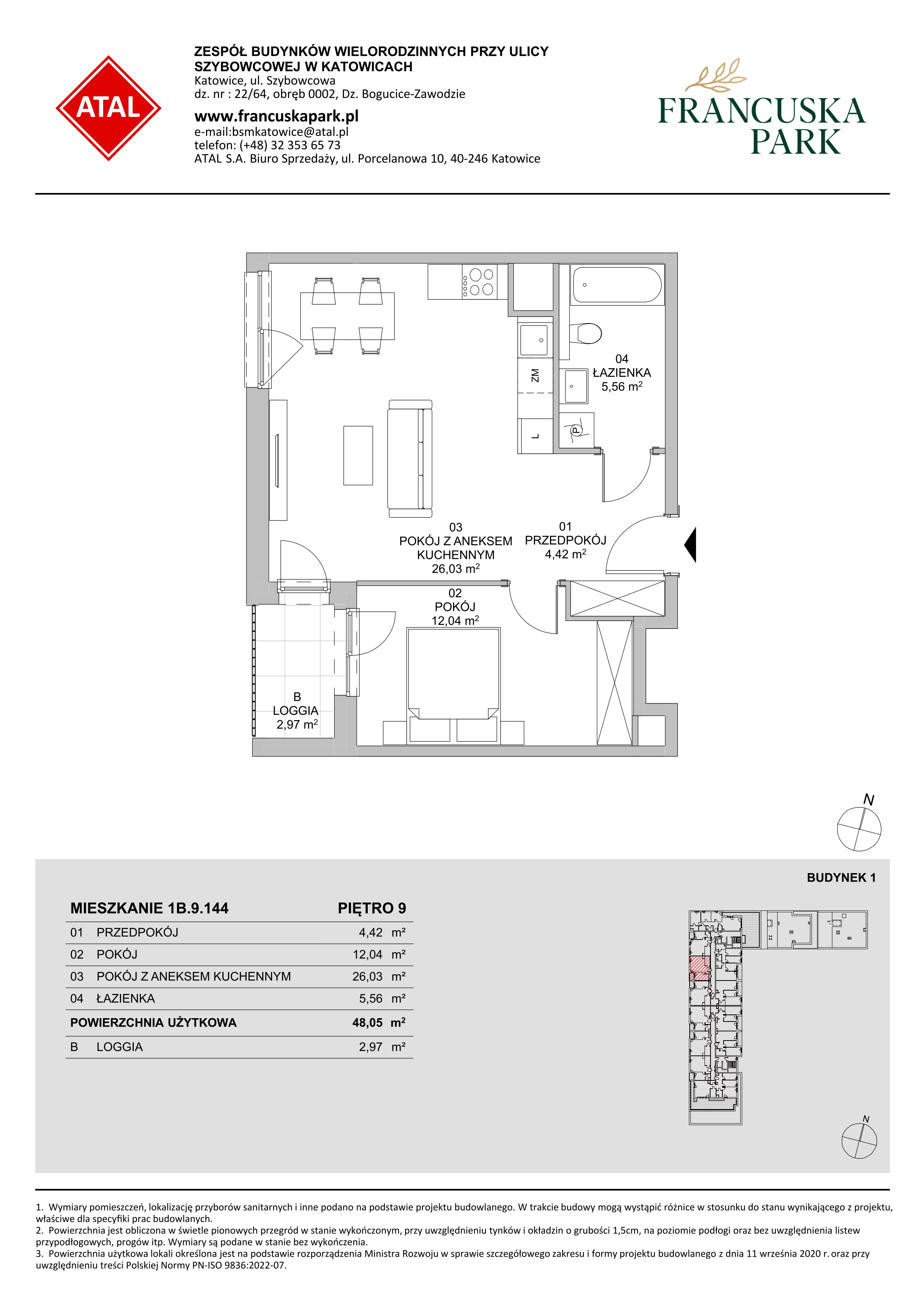 2 pokoje, mieszkanie 47,94 m², piętro 9, oferta nr 1B.9.144, Francuska Park VIIIB, Katowice, Osiedle Paderewskiego-Muchowiec, Muchowiec, ul. Szybowcowa