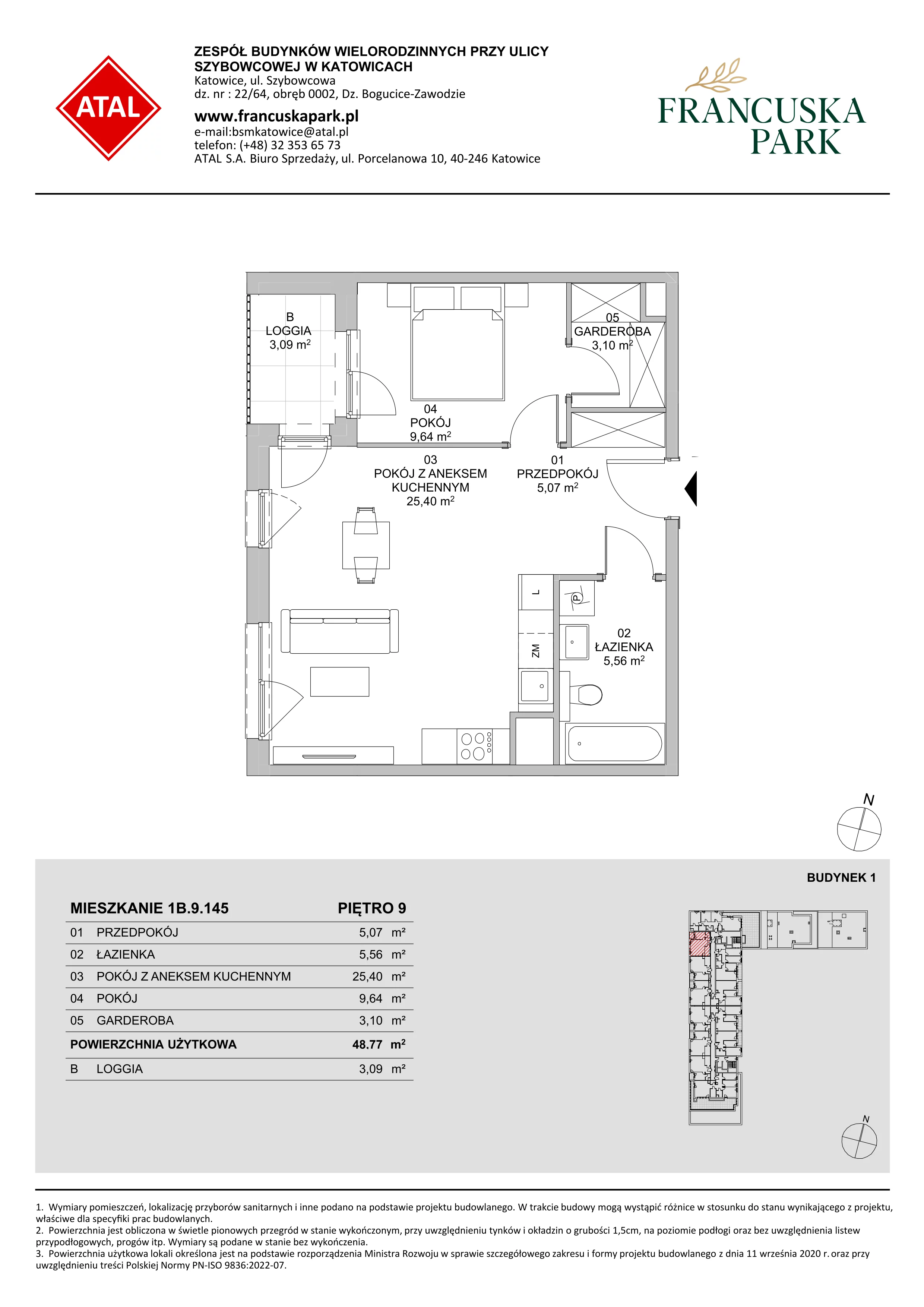 2 pokoje, mieszkanie 48,68 m², piętro 9, oferta nr 1B.9.145, Francuska Park VIIIB, Katowice, Osiedle Paderewskiego-Muchowiec, Muchowiec, ul. Szybowcowa