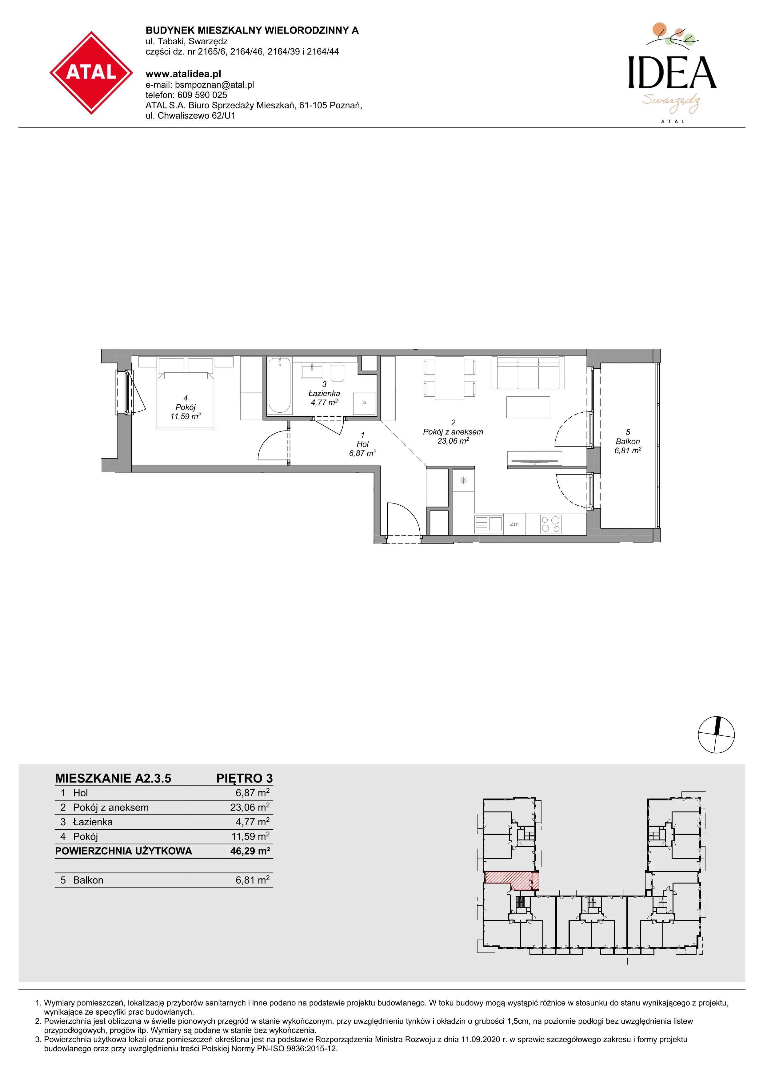 Mieszkanie 46,29 m², piętro 3, oferta nr A2.3.5, ATAL Idea Swarzędz, Swarzędz, ul. Tabaki