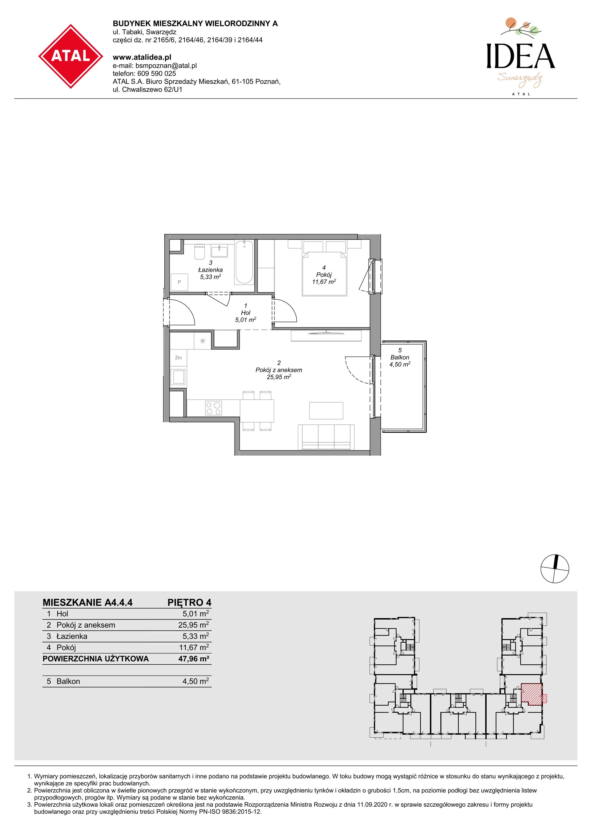 Mieszkanie 47,96 m², piętro 4, oferta nr A4.4.4, ATAL Idea Swarzędz, Swarzędz, ul. Tabaki