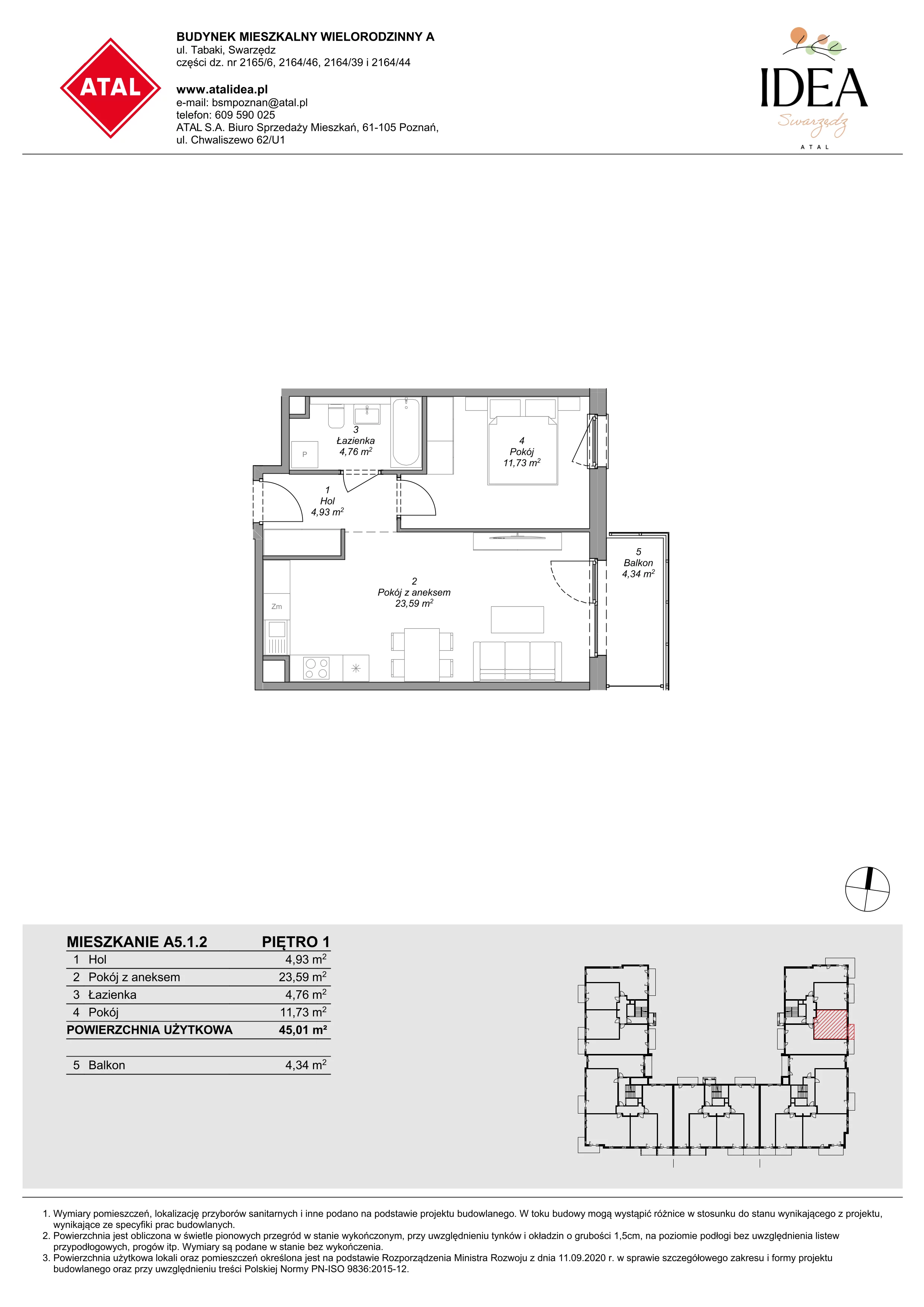 Mieszkanie 45,01 m², piętro 1, oferta nr A5.1.2, ATAL Idea Swarzędz, Swarzędz, ul. Tabaki