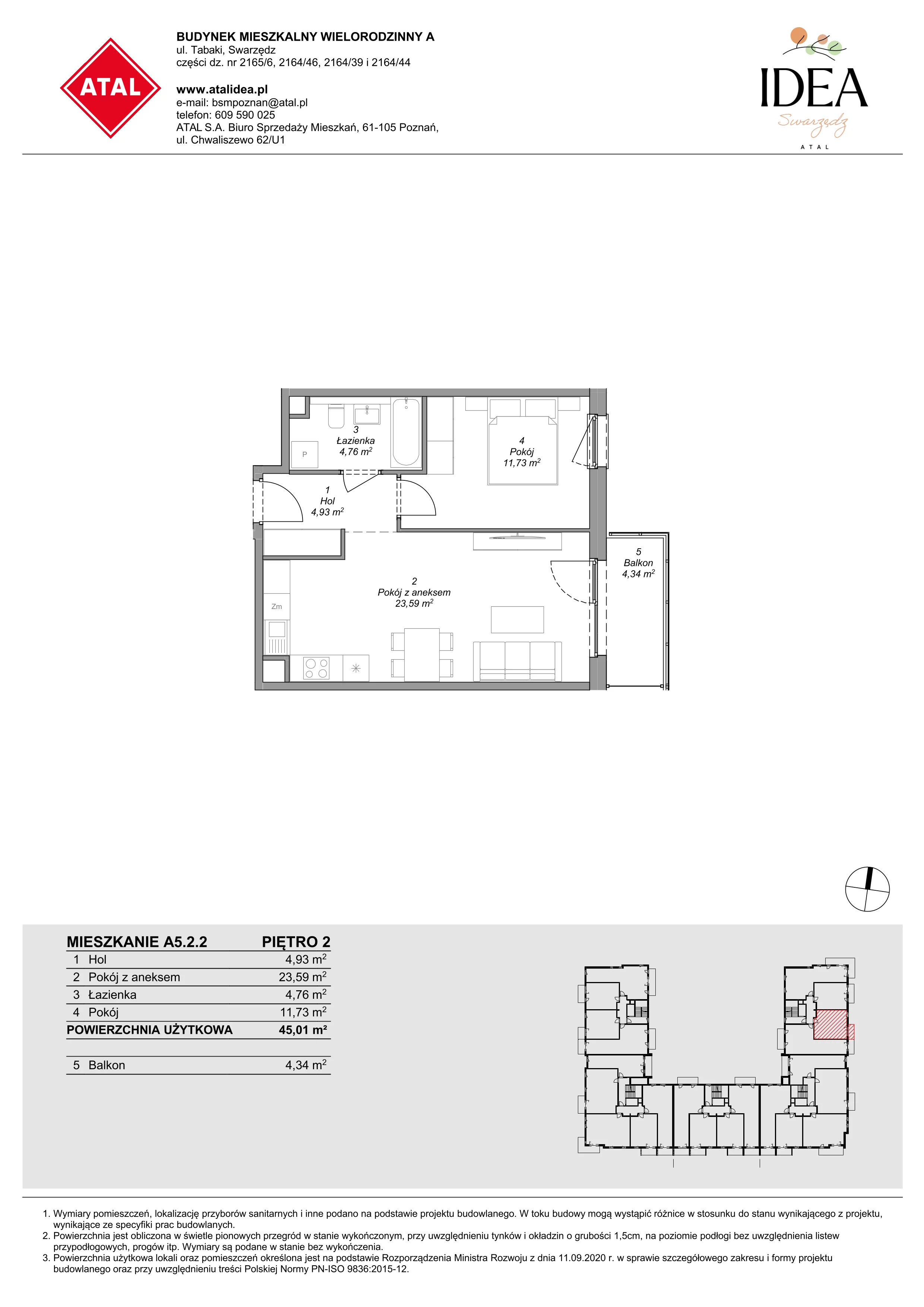 Mieszkanie 45,01 m², piętro 2, oferta nr A5.2.2, ATAL Idea Swarzędz, Swarzędz, ul. Tabaki