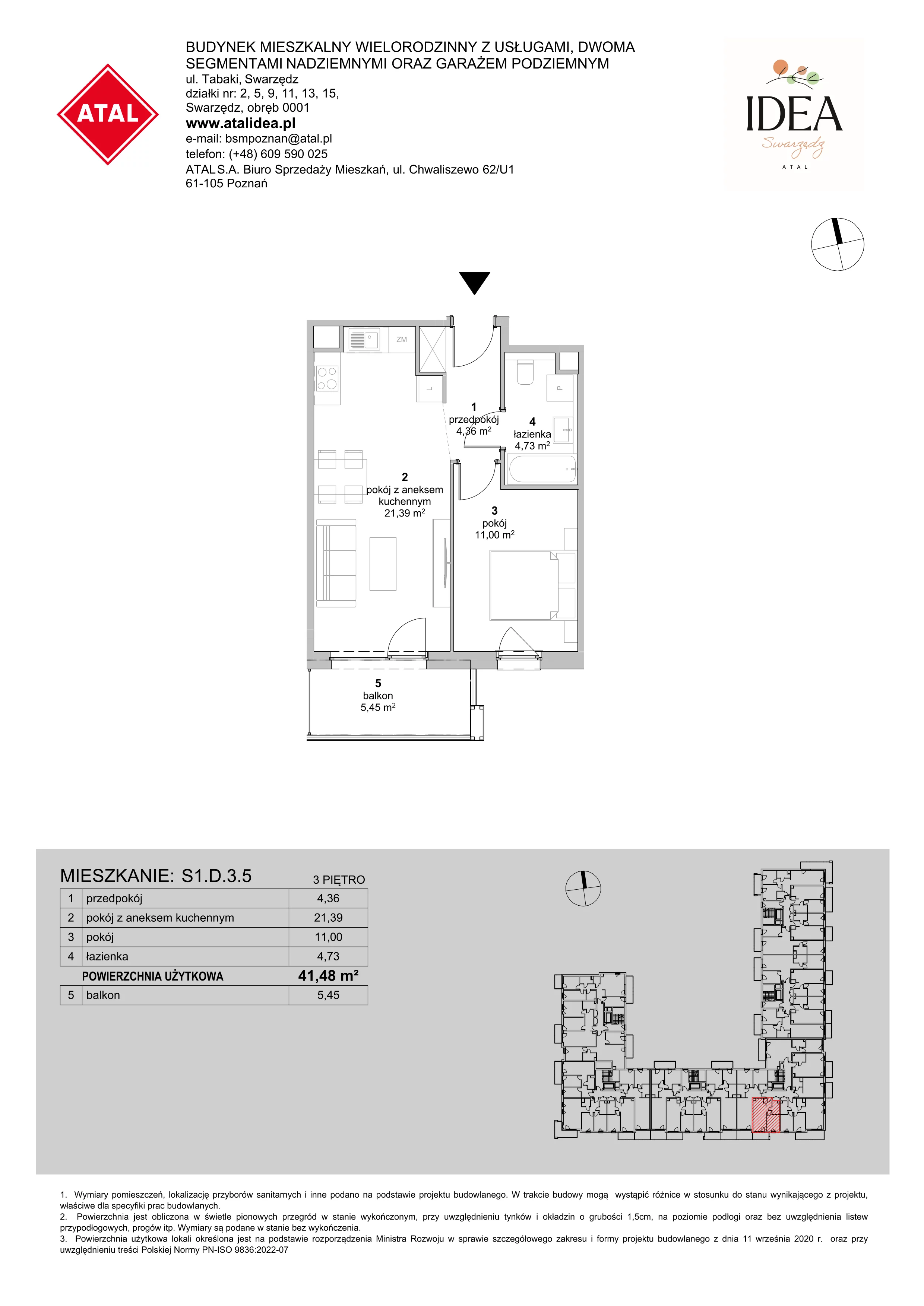 Mieszkanie 41,48 m², piętro 3, oferta nr S1.D.3.5, ATAL Idea Swarzędz II, Swarzędz, ul. Tabaki