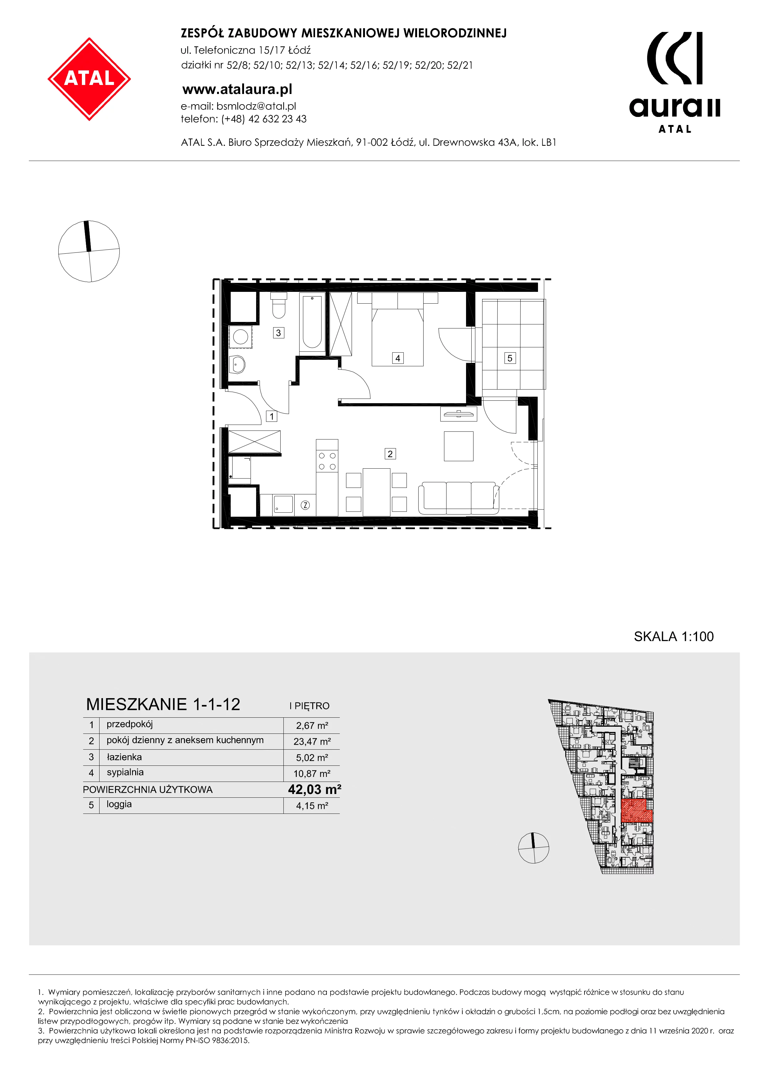 Mieszkanie 42,03 m², piętro 1, oferta nr 1-1-12, ATAL Aura II, Łódź, Bałuty, ul. Telefoniczna 15/17