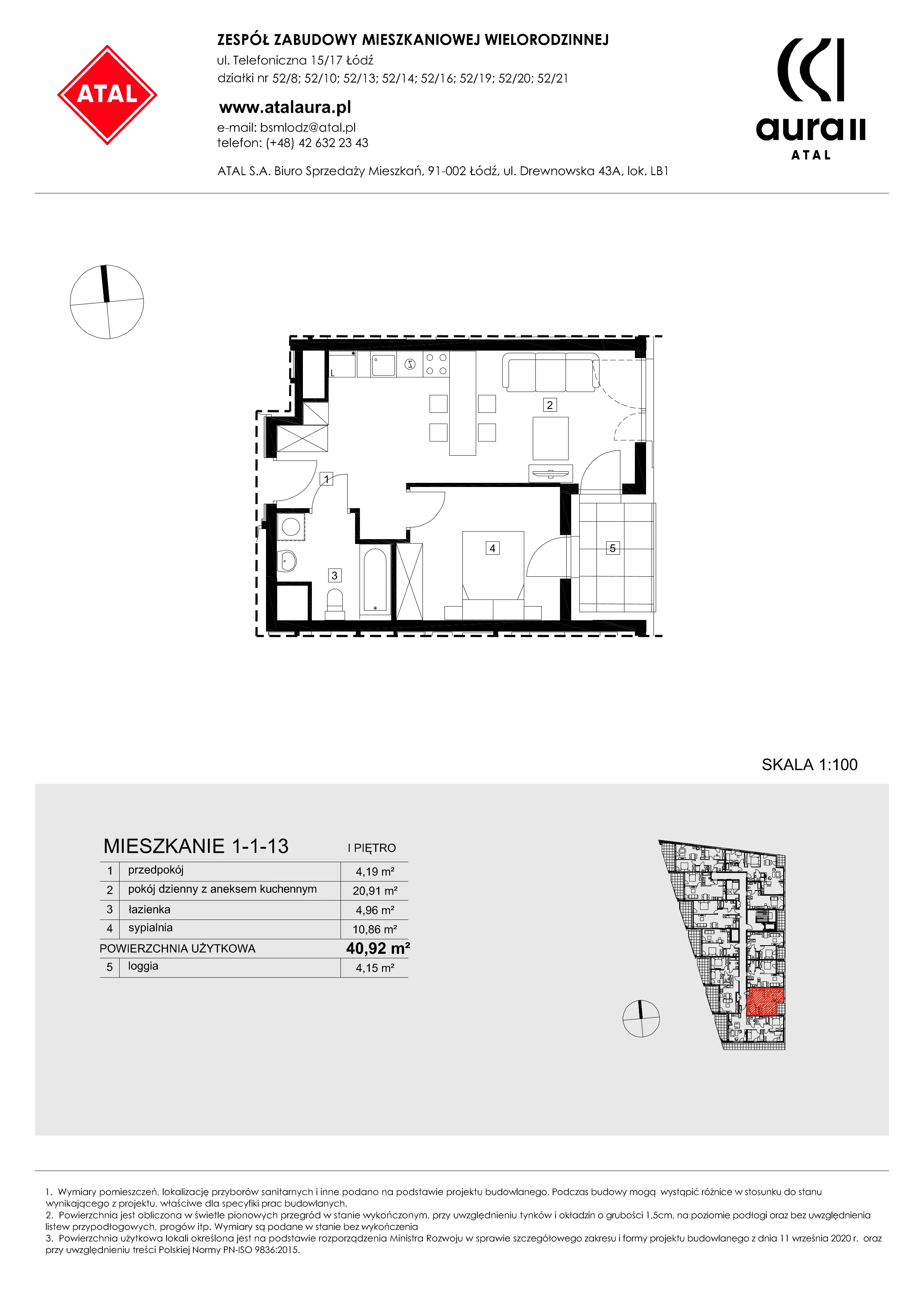 Mieszkanie 40,92 m², piętro 1, oferta nr 1-1-13, ATAL Aura II, Łódź, Bałuty, ul. Telefoniczna 15/17