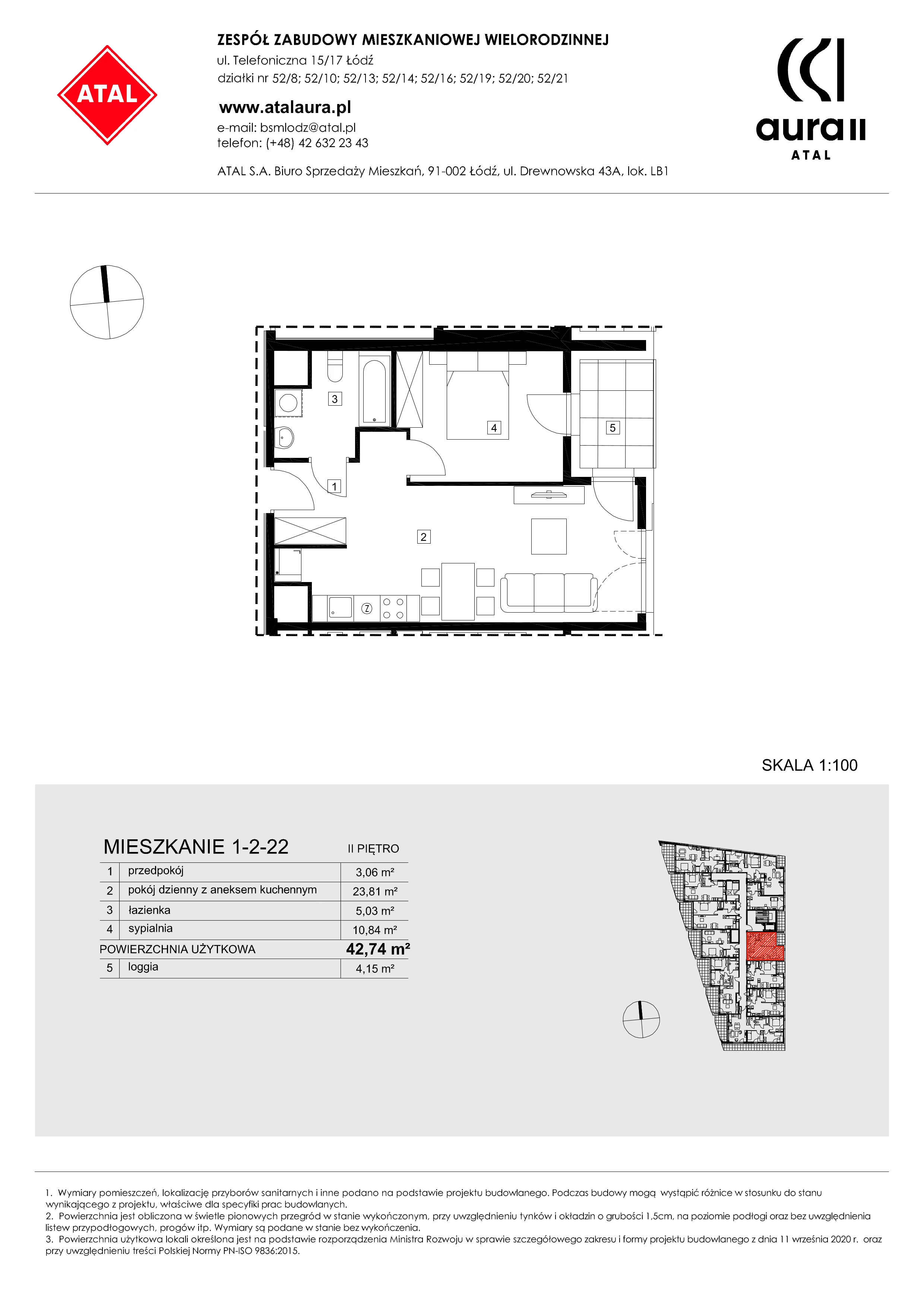 Mieszkanie 42,74 m², piętro 2, oferta nr 1-2-22, ATAL Aura II, Łódź, Bałuty, ul. Telefoniczna 15/17