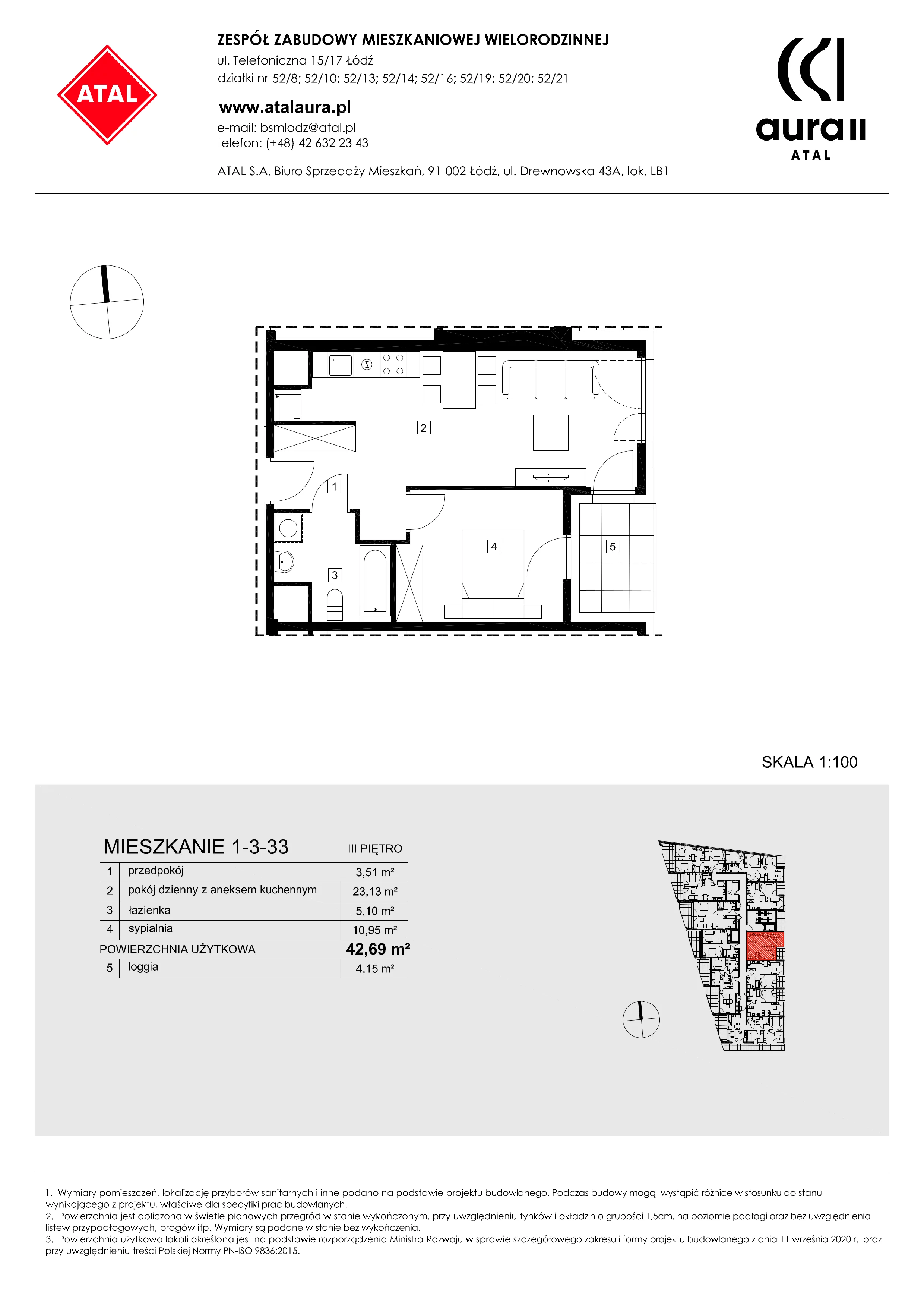 Mieszkanie 42,03 m², piętro 3, oferta nr 1-3-33, ATAL Aura II, Łódź, Bałuty, ul. Telefoniczna 15/17