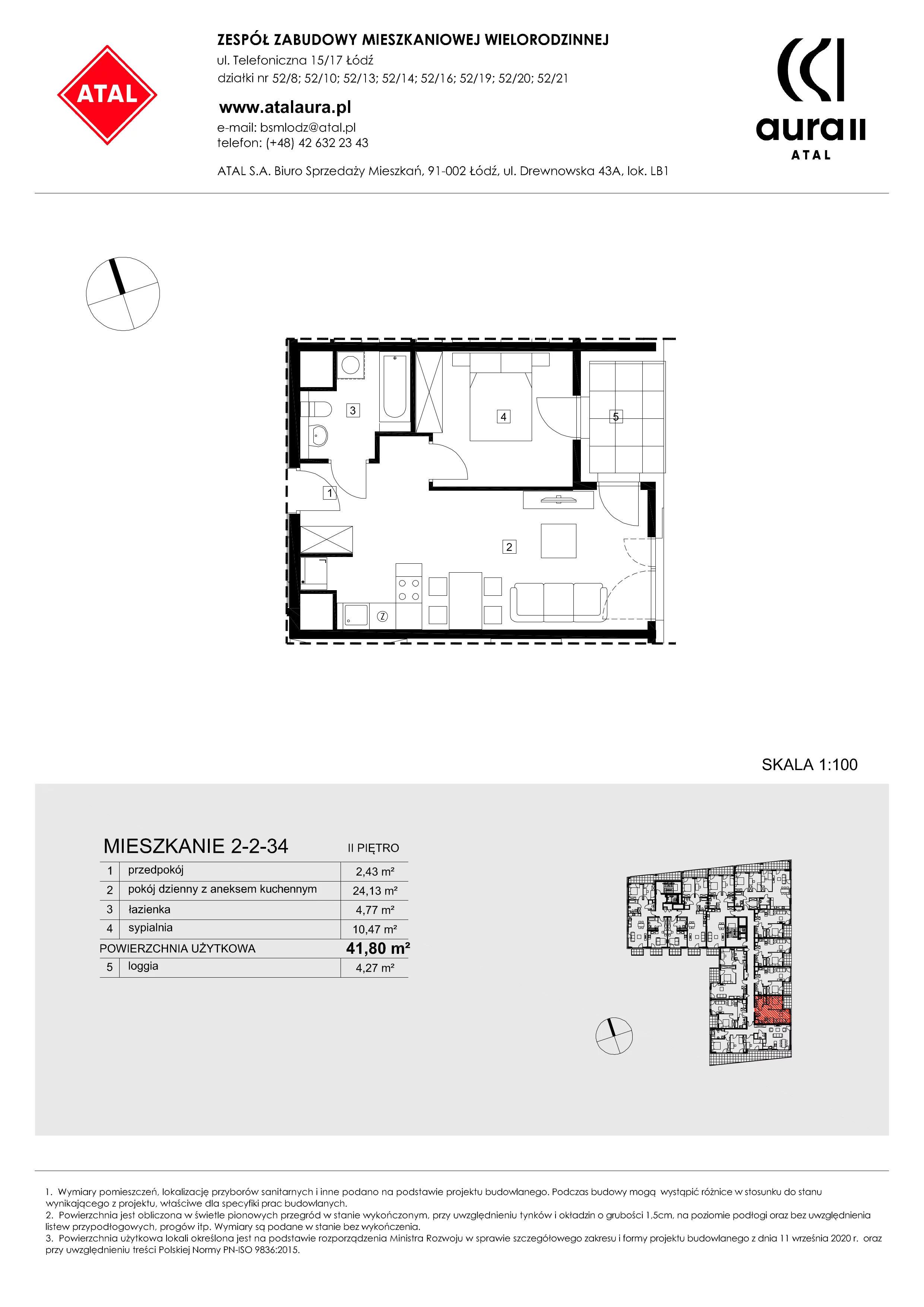 Mieszkanie 41,80 m², piętro 2, oferta nr 2-2-34, ATAL Aura II, Łódź, Bałuty, ul. Telefoniczna 15/17