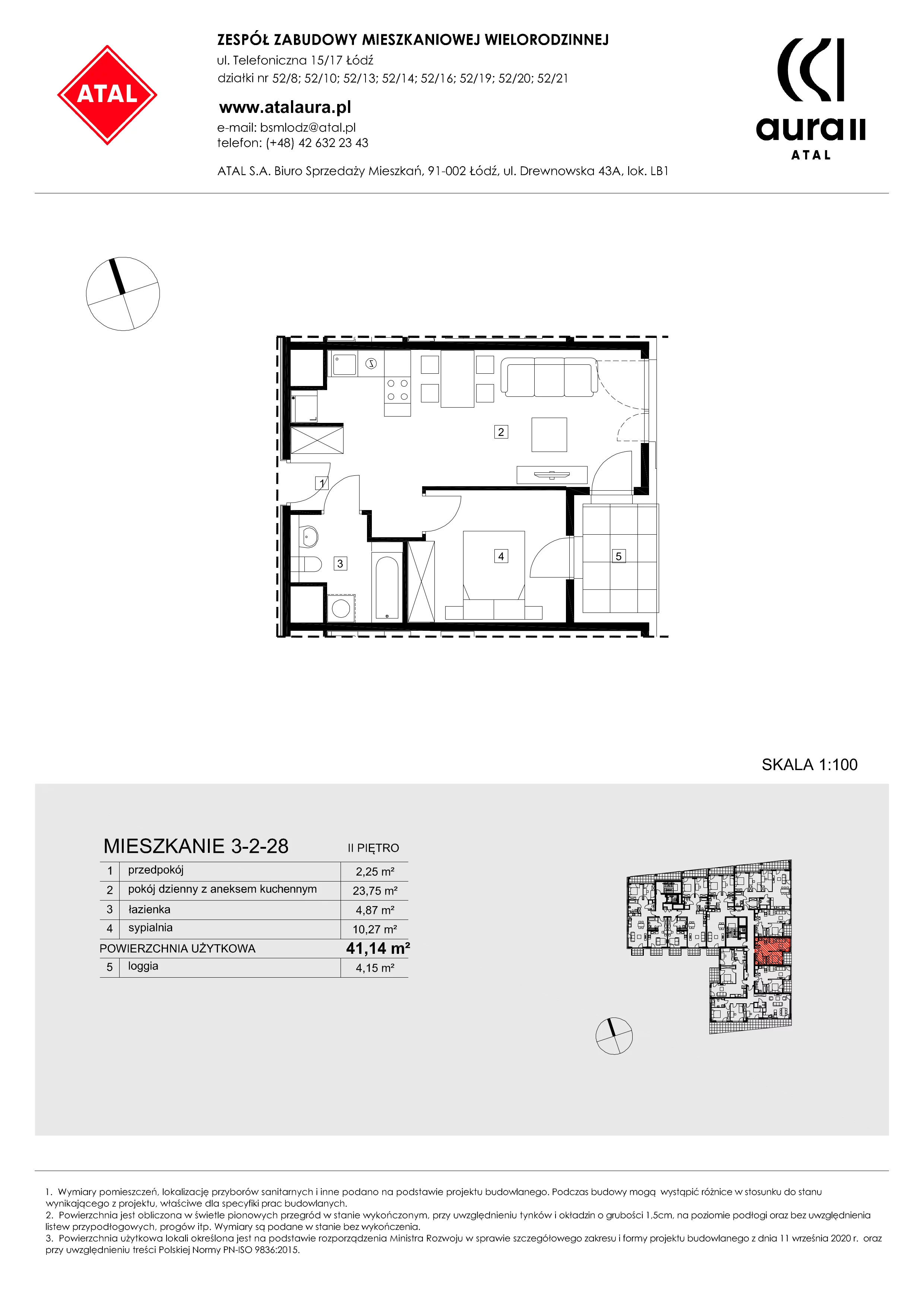 Mieszkanie 41,14 m², piętro 2, oferta nr 3-2-28, ATAL Aura II, Łódź, Bałuty, ul. Telefoniczna 15/17