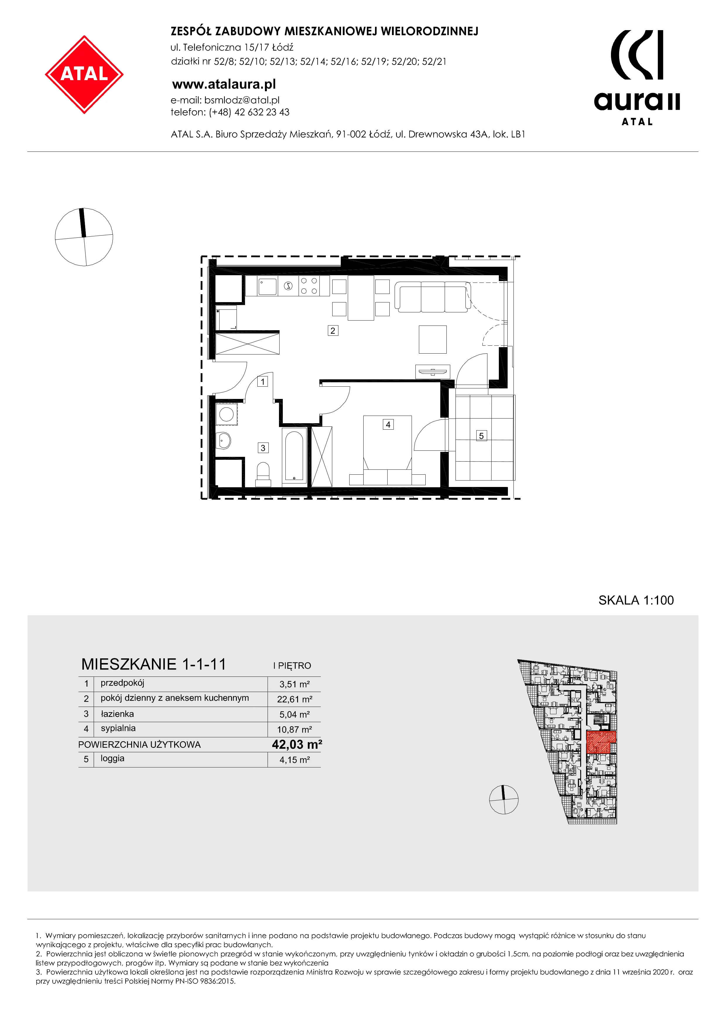 Mieszkanie 42,03 m², piętro 1, oferta nr 1-1-11, ATAL Aura II, Łódź, Bałuty, ul. Telefoniczna 15/17