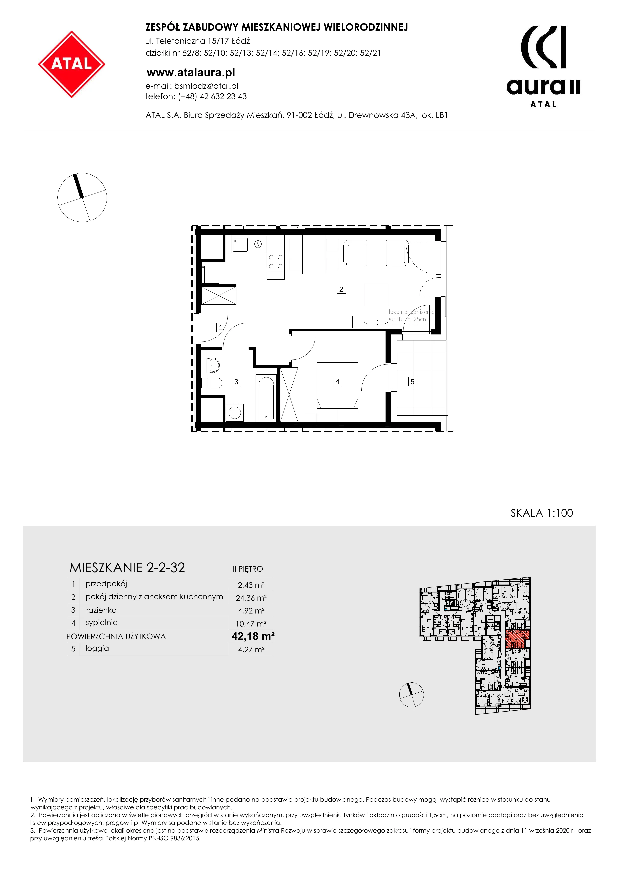 Mieszkanie 42,18 m², piętro 2, oferta nr 2-2-32, ATAL Aura II, Łódź, Bałuty, ul. Telefoniczna 15/17