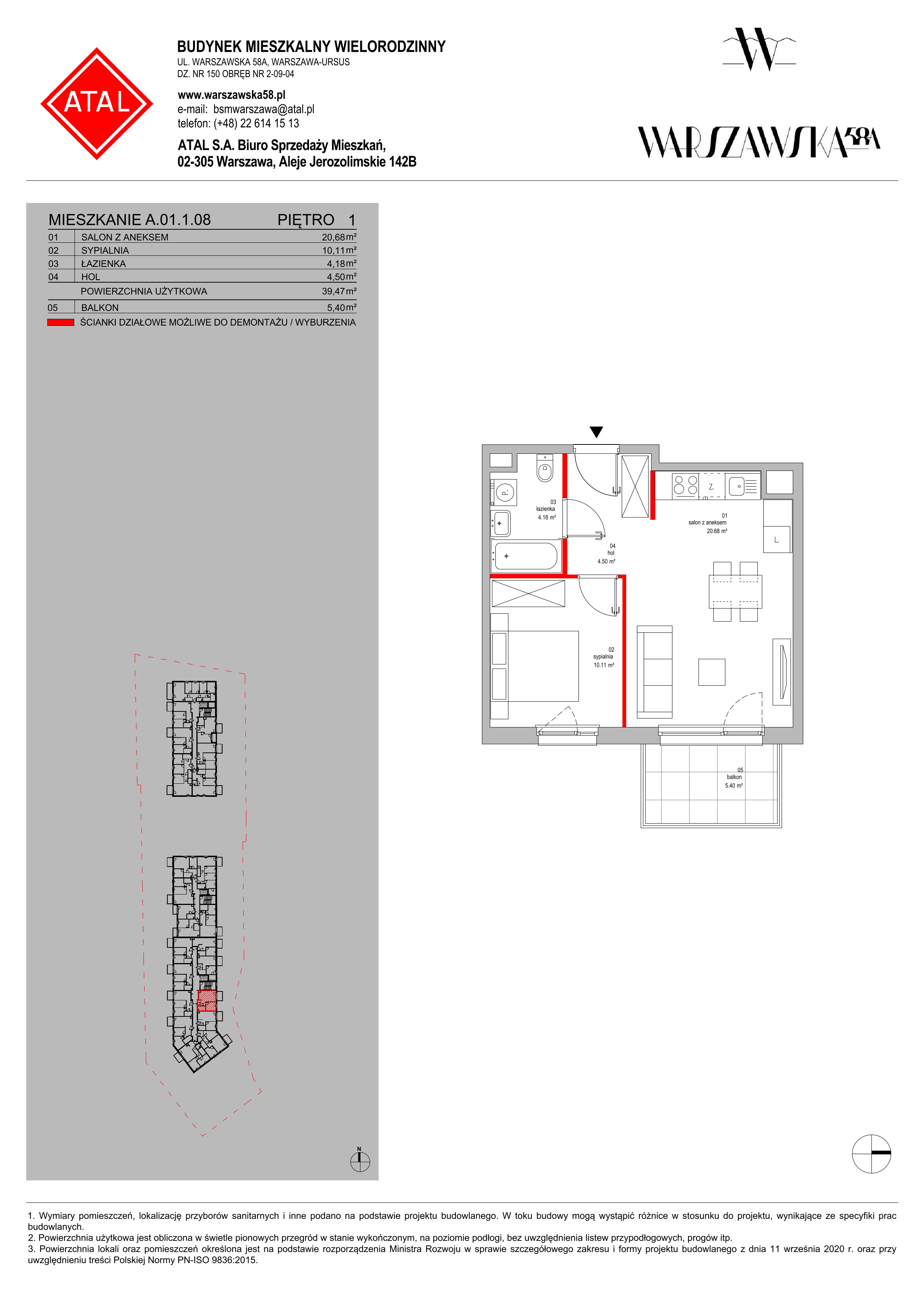 Mieszkanie 39,47 m², piętro 1, oferta nr A.01.1.08, Warszawska 58A, Warszawa, Ursus, Niedźwiadek, ul. Warszawska 58a