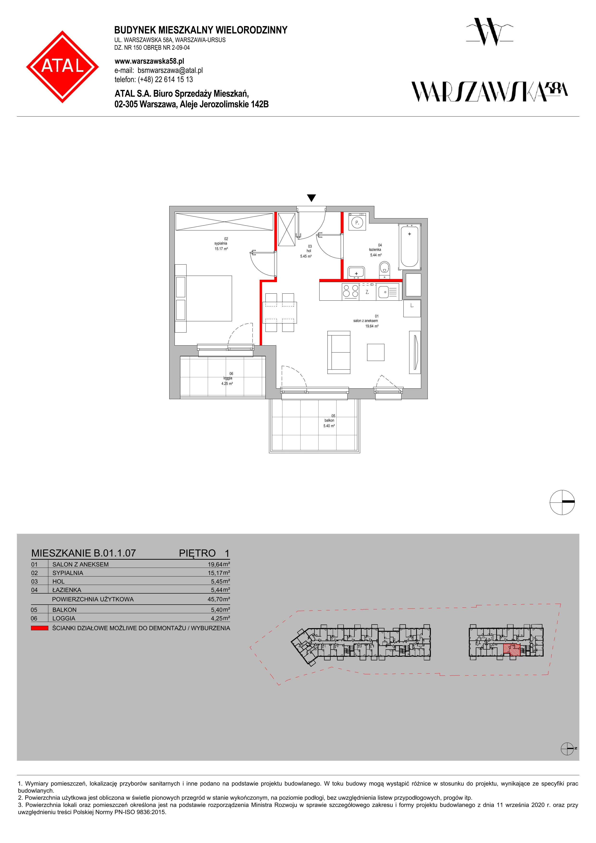 Mieszkanie 45,70 m², piętro 1, oferta nr B.01.1.07, Warszawska 58A, Warszawa, Ursus, Niedźwiadek, ul. Warszawska 58a