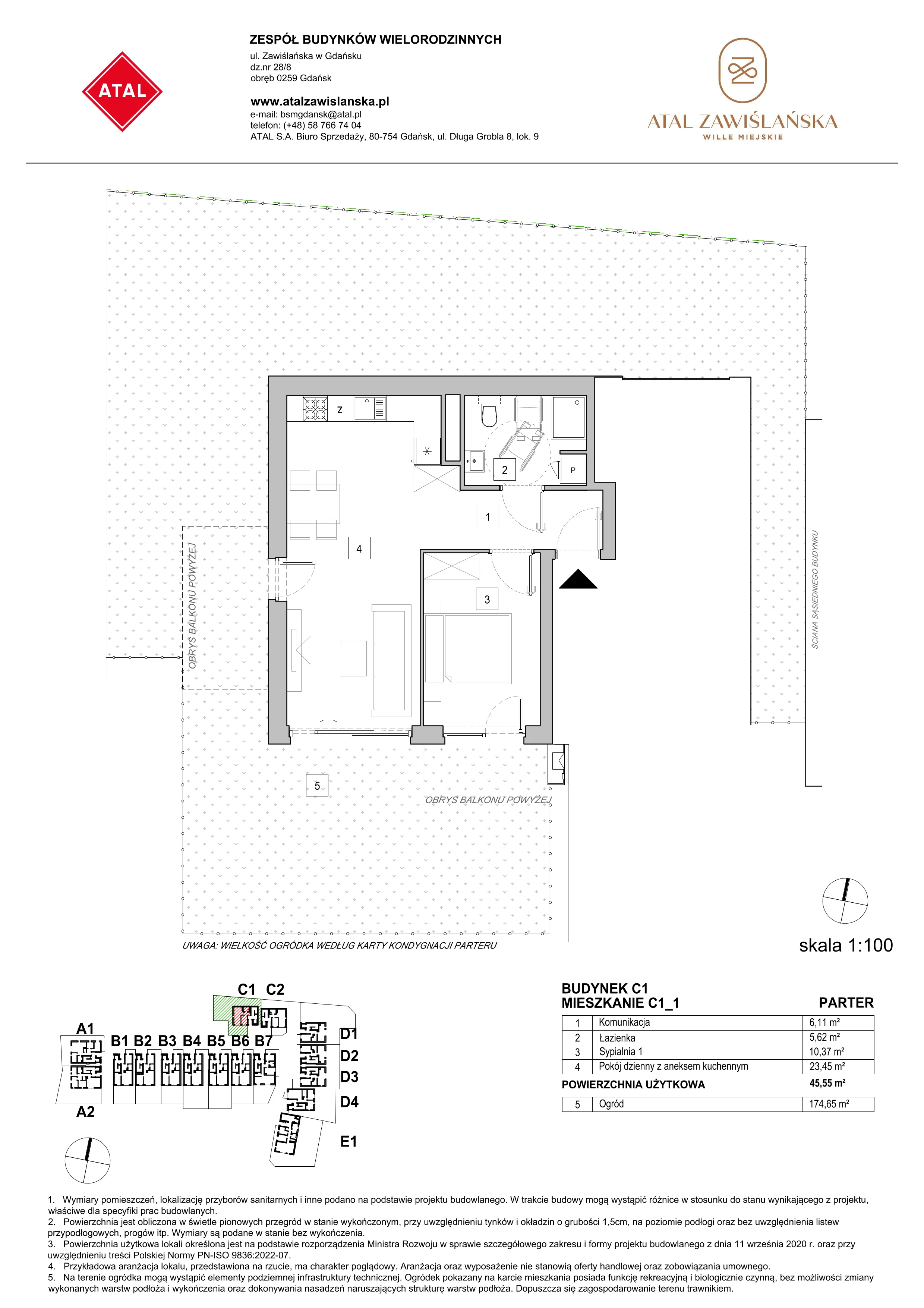 Mieszkanie 45,55 m², parter, oferta nr C1_1, ATAL Zawiślańska Wille Miejskie, Gdańsk, Stogi, ul. Zawiślańska