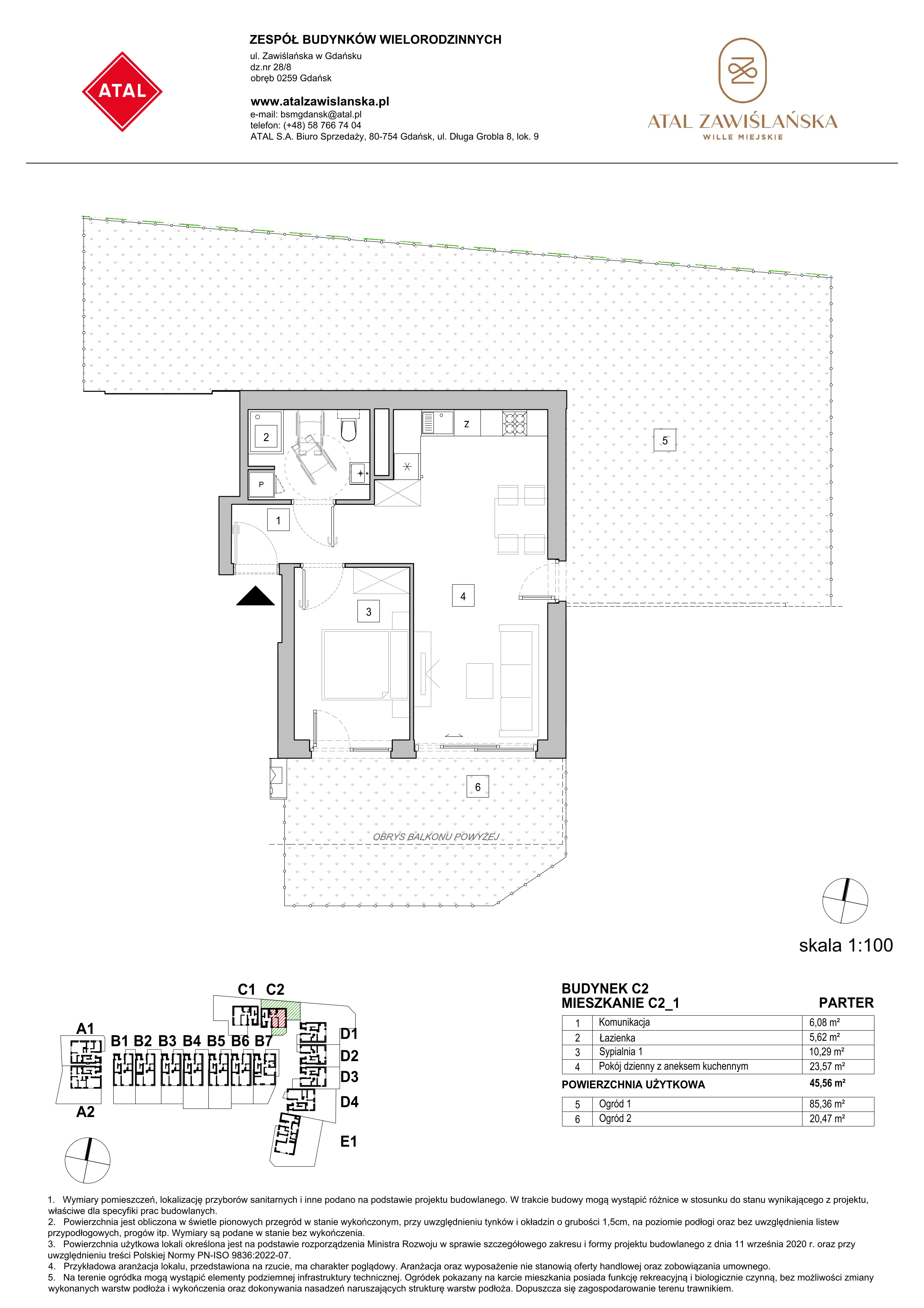 Mieszkanie 45,56 m², parter, oferta nr C2_1, ATAL Zawiślańska Wille Miejskie, Gdańsk, Stogi, ul. Zawiślańska