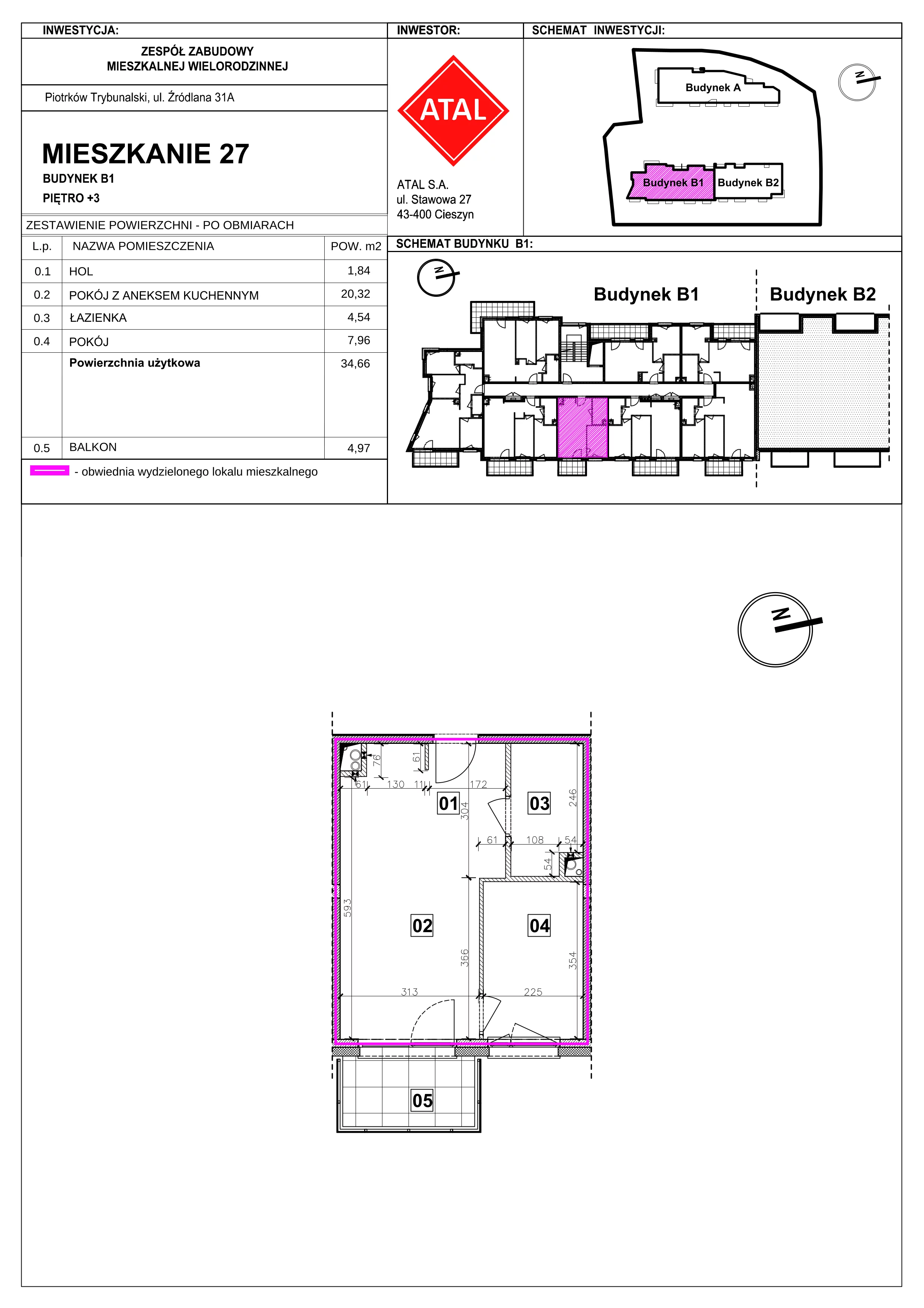 Mieszkanie 34,66 m², piętro 3, oferta nr B1-M-3-04, Źródlana 31 Residence, Piotrków Trybunalski, Źródlana, ul. Źródlana 31