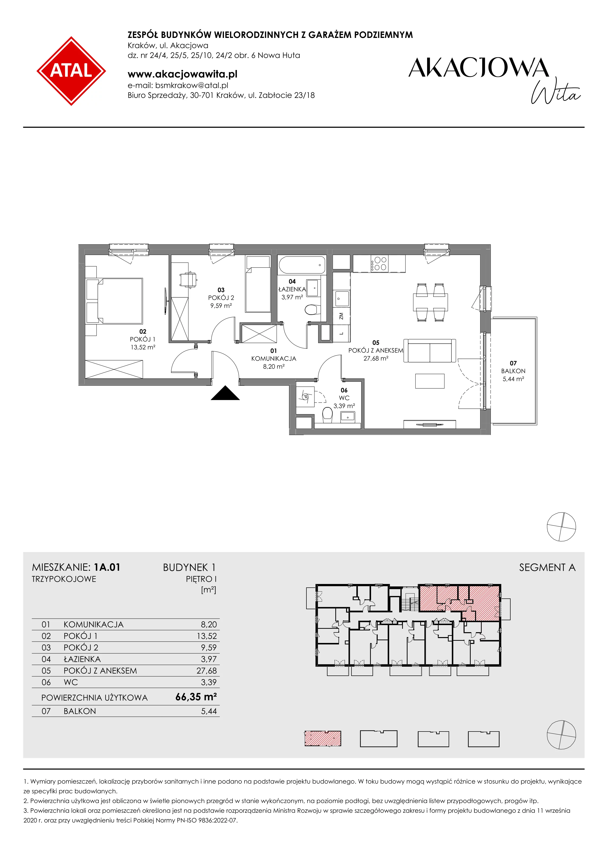 Mieszkanie 66,35 m², piętro 1, oferta nr 1A.01, Akacjowa Wita, Kraków, Prądnik Czerwony, Rakowice, ul. Akacjowa