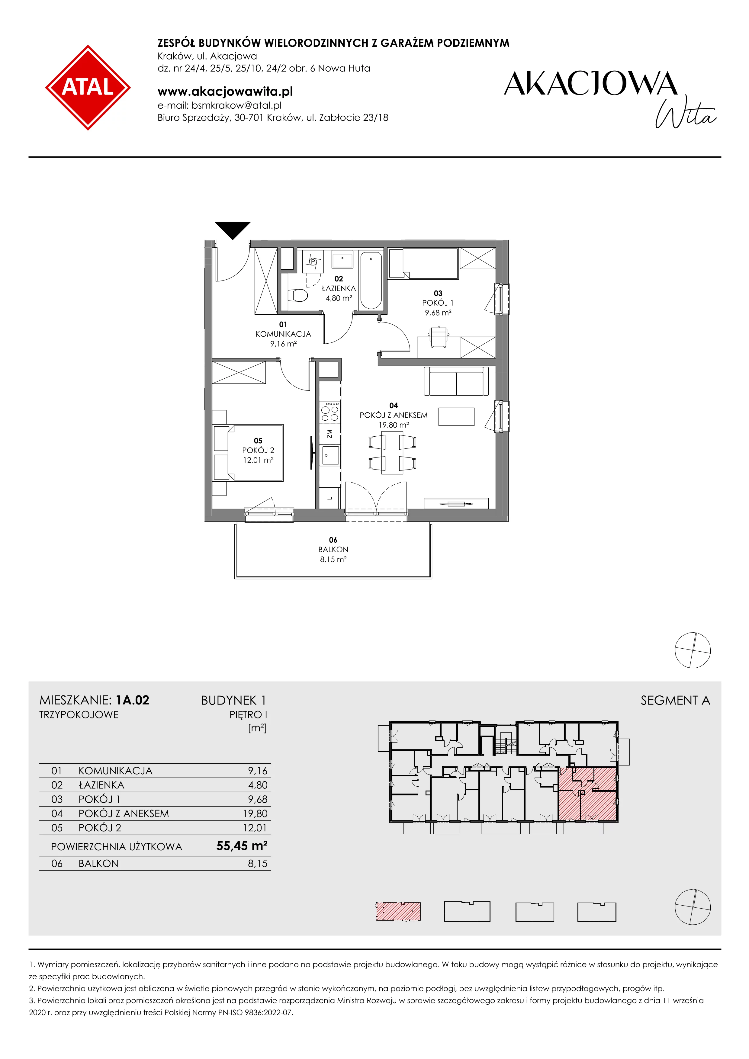 Mieszkanie 55,45 m², piętro 1, oferta nr 1A.02, Akacjowa Wita, Kraków, Prądnik Czerwony, Rakowice, ul. Akacjowa