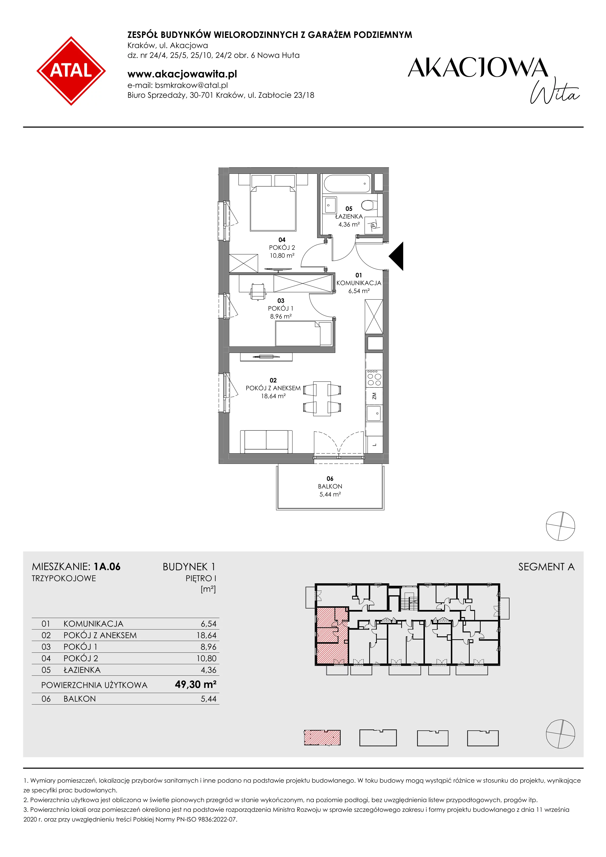 Mieszkanie 49,30 m², piętro 1, oferta nr 1A.06, Akacjowa Wita, Kraków, Prądnik Czerwony, Rakowice, ul. Akacjowa