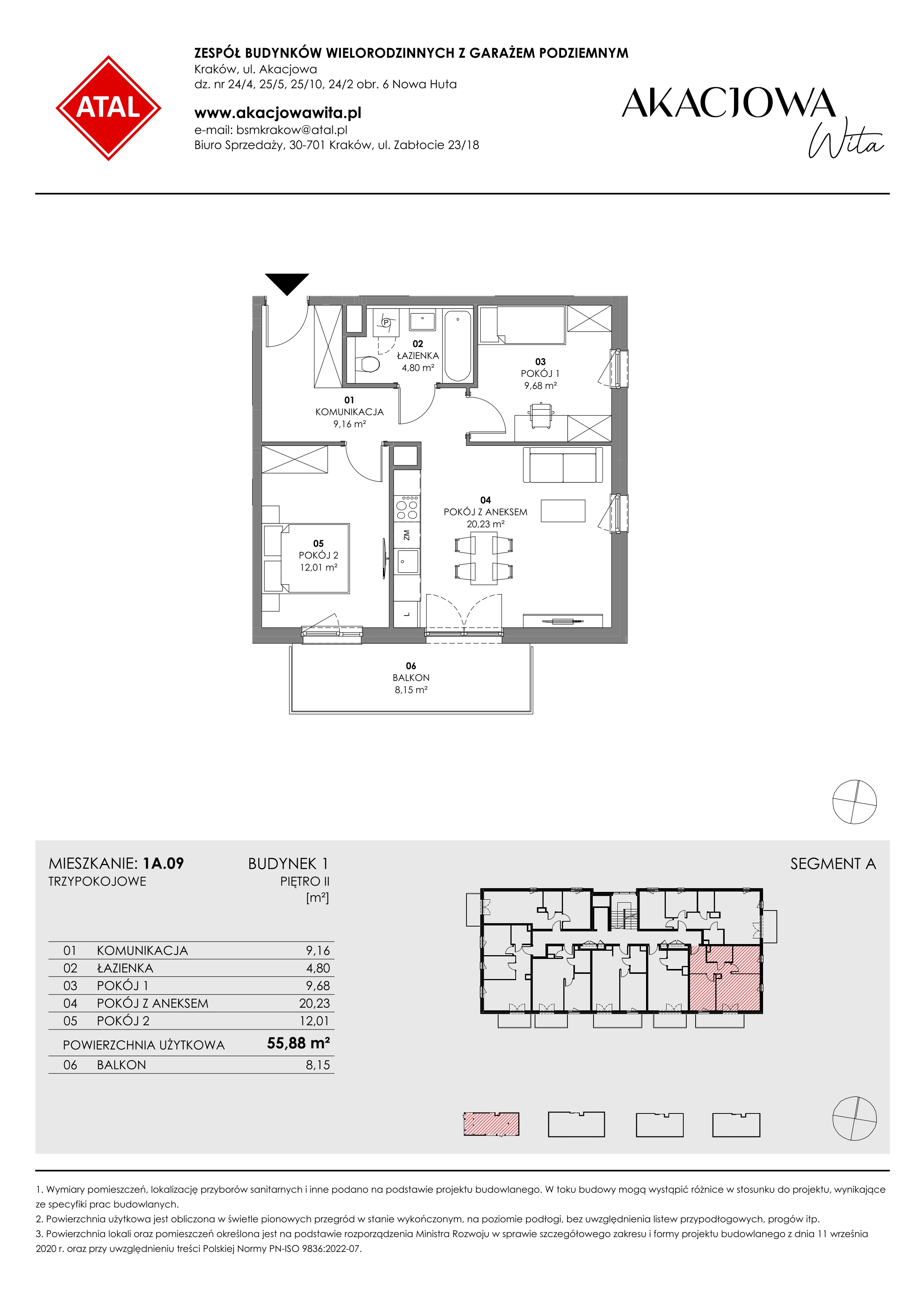 Mieszkanie 55,88 m², piętro 2, oferta nr 1A.09, Akacjowa Wita, Kraków, Prądnik Czerwony, Rakowice, ul. Akacjowa