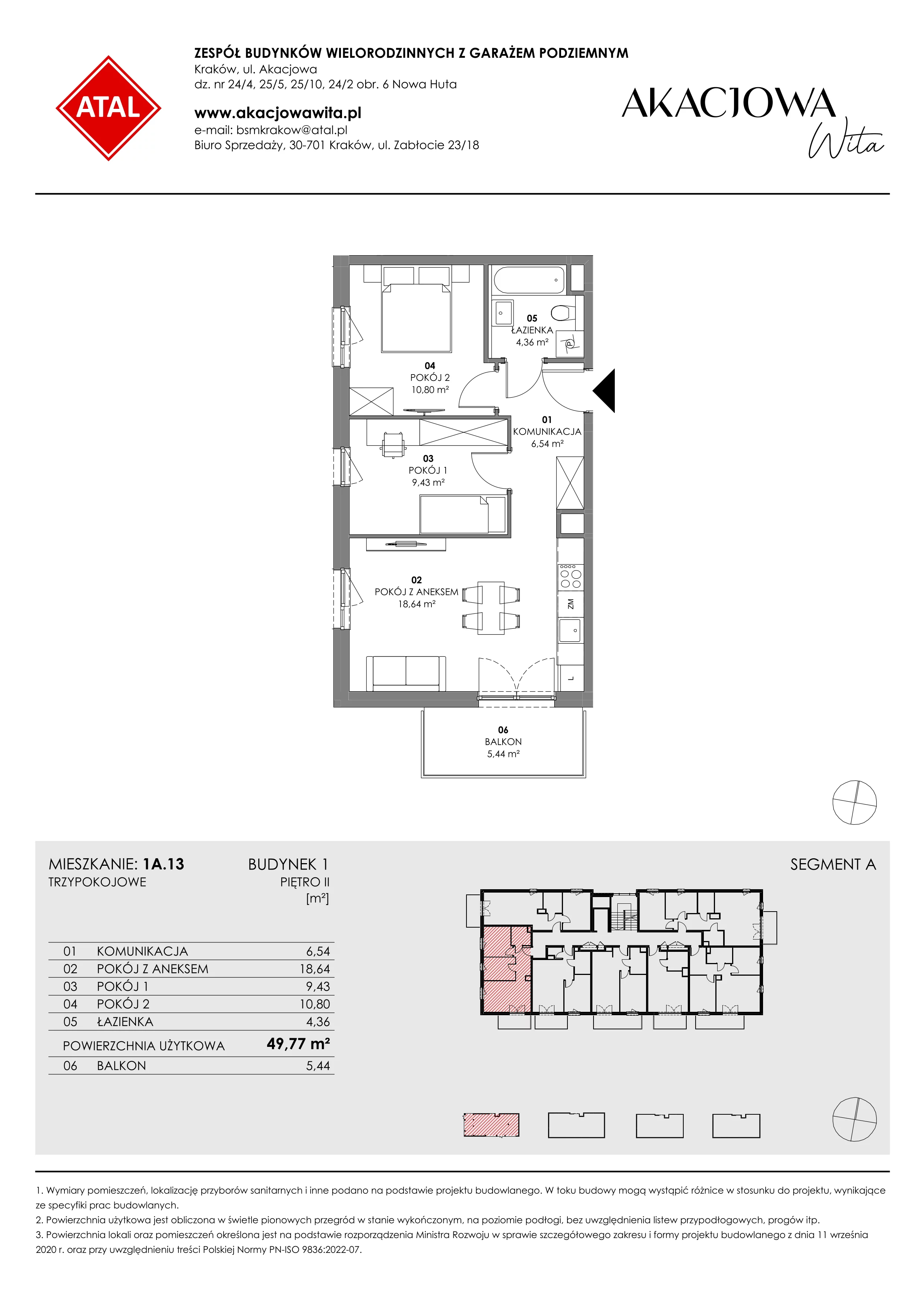 Mieszkanie 49,77 m², piętro 2, oferta nr 1A.13, Akacjowa Wita, Kraków, Prądnik Czerwony, Rakowice, ul. Akacjowa