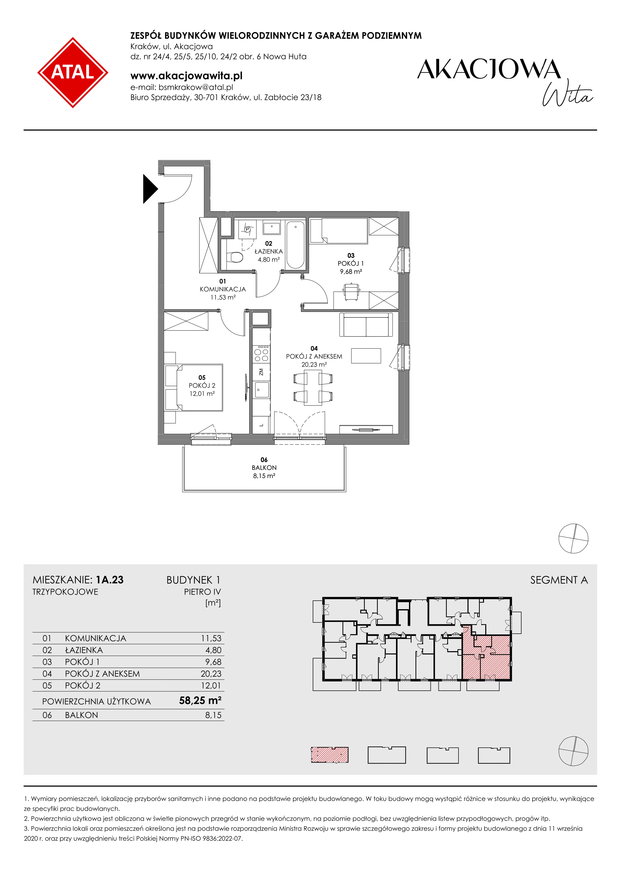 Mieszkanie 58,25 m², piętro 4, oferta nr 1A.23, Akacjowa Wita, Kraków, Prądnik Czerwony, Rakowice, ul. Akacjowa