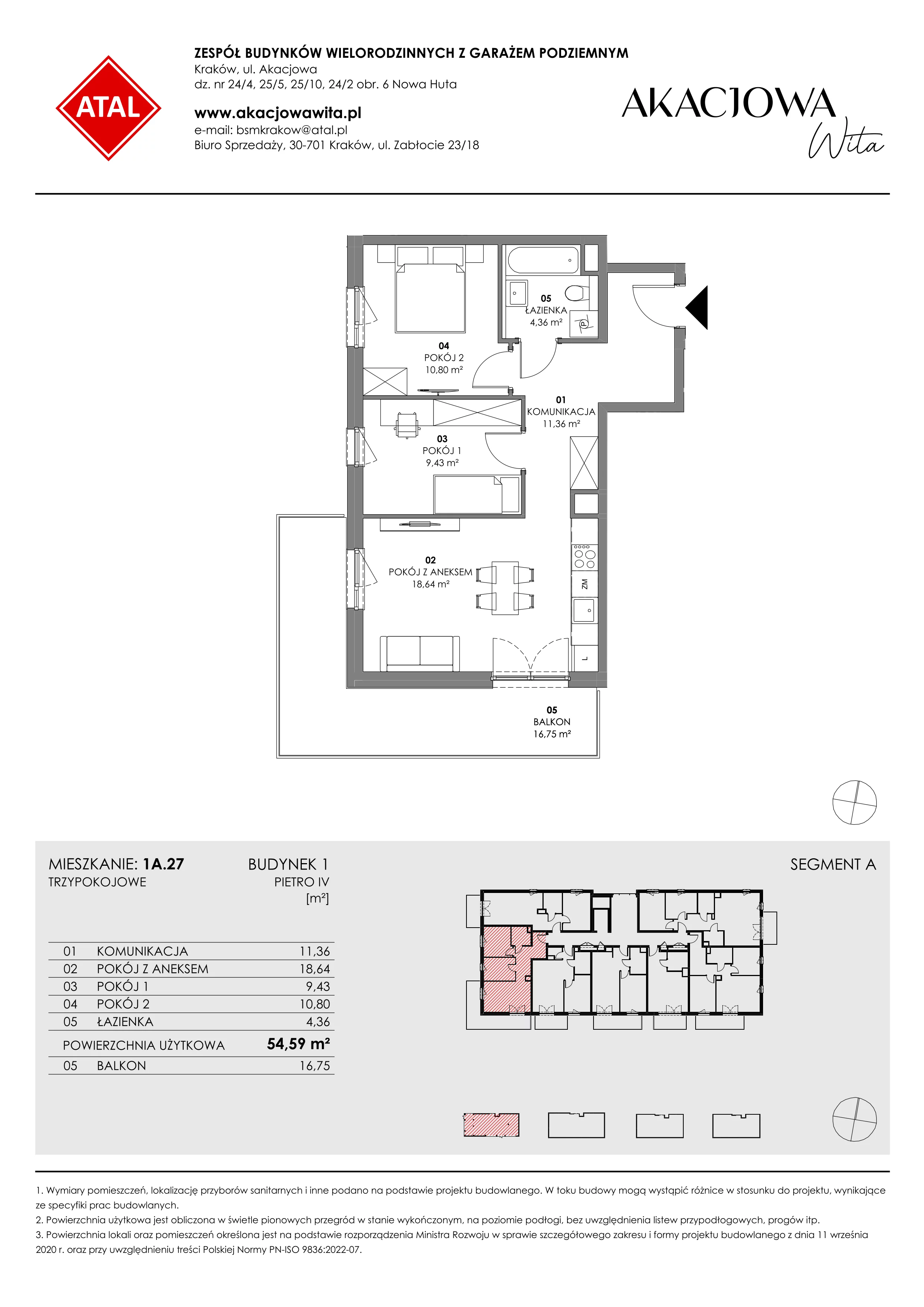 Mieszkanie 54,59 m², piętro 4, oferta nr 1A.27, Akacjowa Wita, Kraków, Prądnik Czerwony, Rakowice, ul. Akacjowa