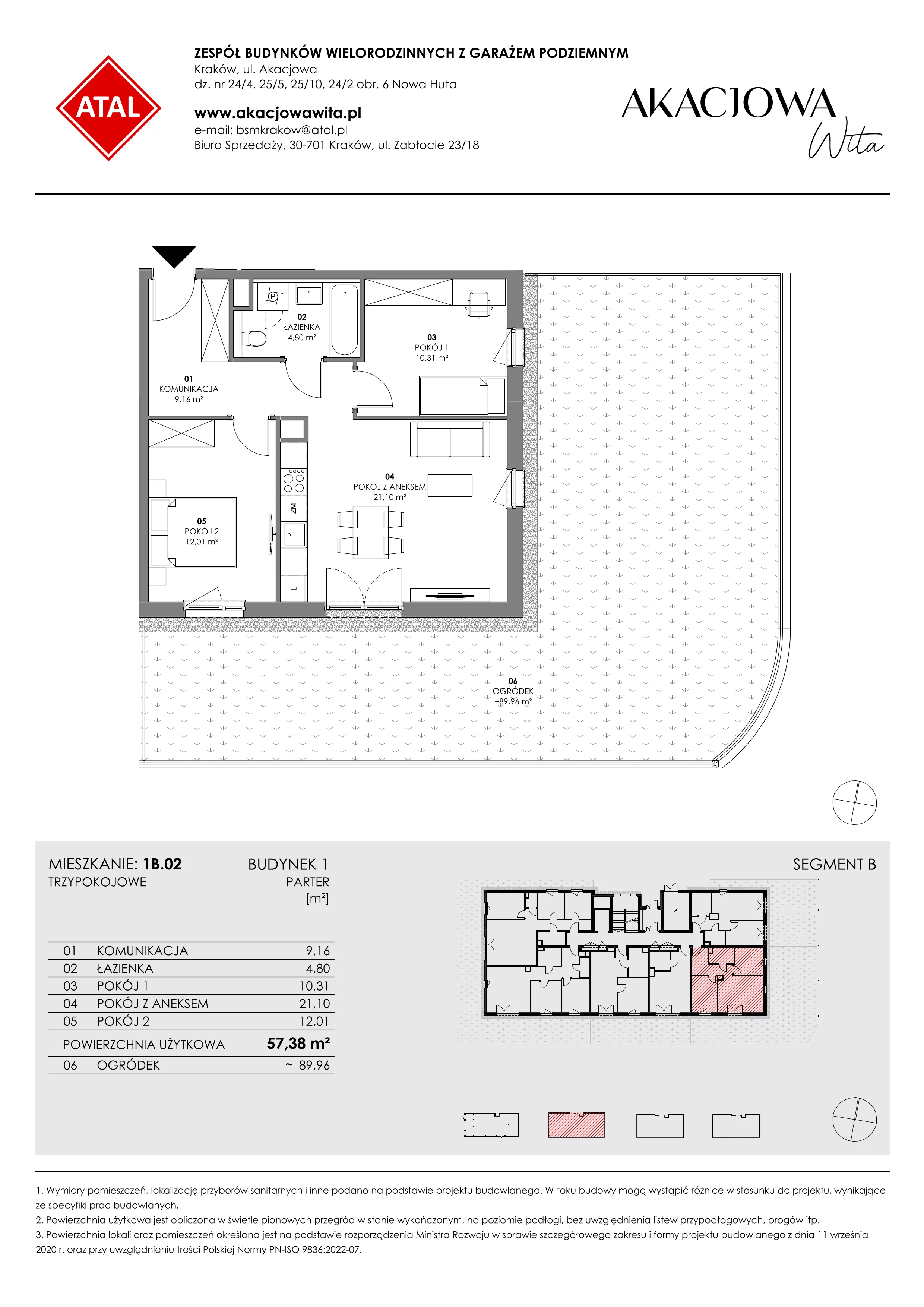 Mieszkanie 57,38 m², parter, oferta nr 1B.02, Akacjowa Wita, Kraków, Prądnik Czerwony, Rakowice, ul. Akacjowa