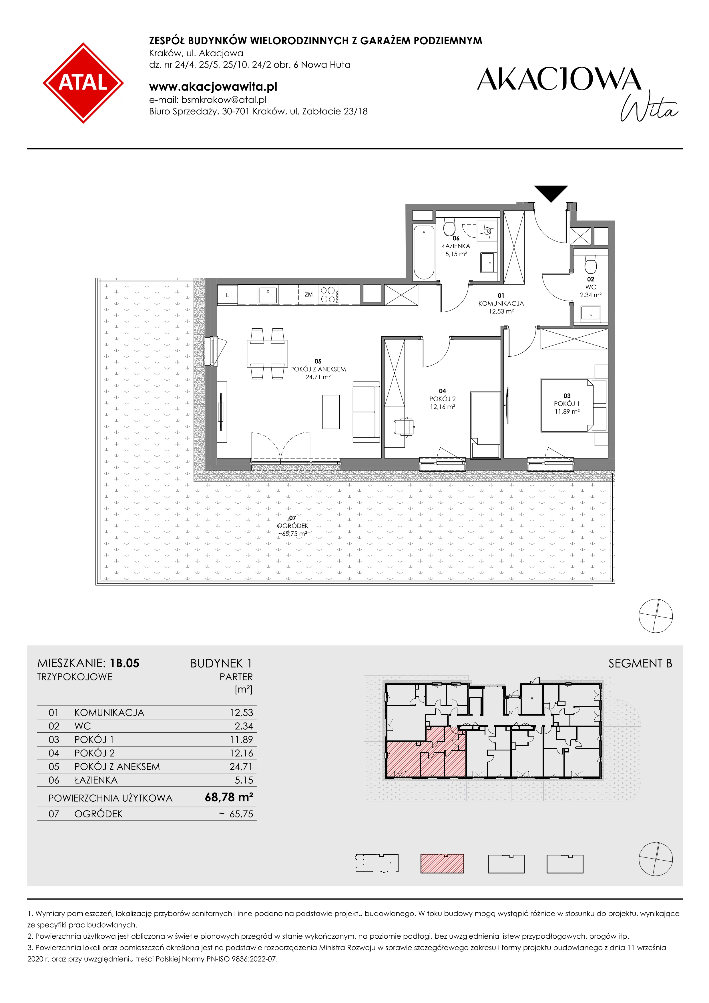 Mieszkanie 68,78 m², parter, oferta nr 1B.05, Akacjowa Wita, Kraków, Prądnik Czerwony, Rakowice, ul. Akacjowa