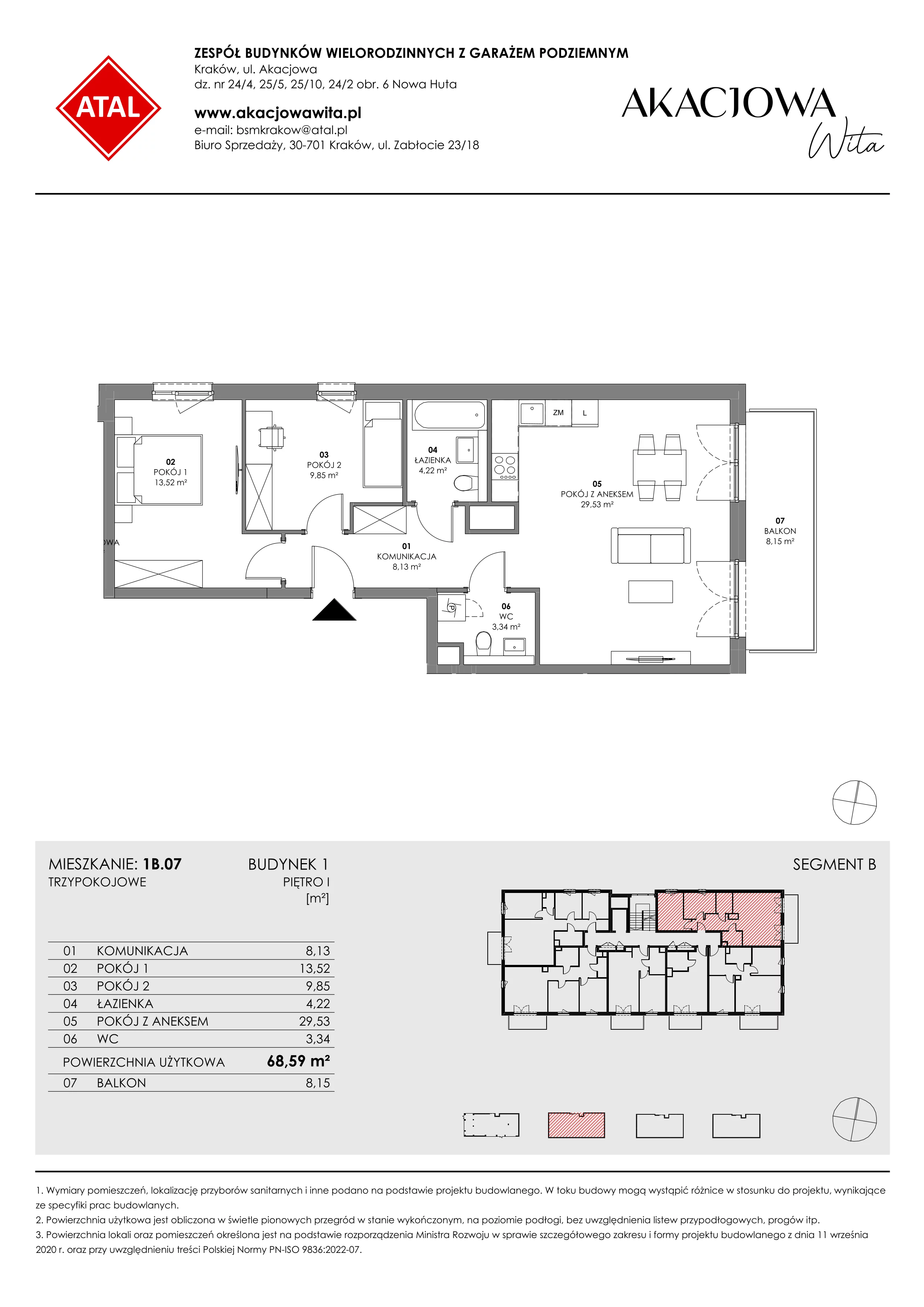 Mieszkanie 68,59 m², piętro 1, oferta nr 1B.07, Akacjowa Wita, Kraków, Prądnik Czerwony, Rakowice, ul. Akacjowa