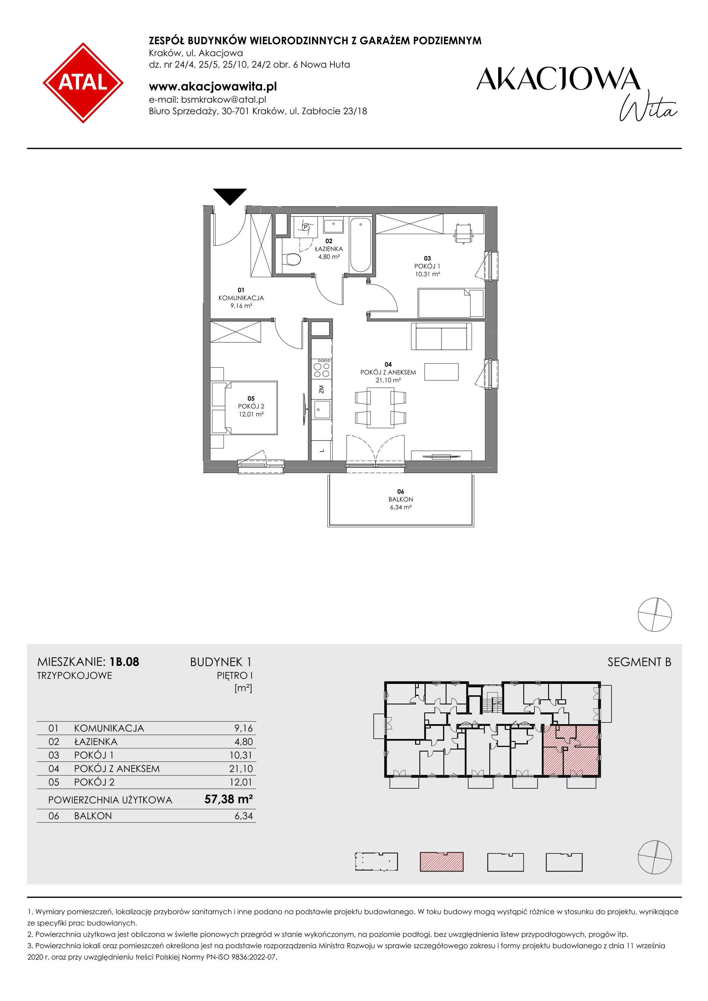 Mieszkanie 57,38 m², piętro 1, oferta nr 1B.08, Akacjowa Wita, Kraków, Prądnik Czerwony, Rakowice, ul. Akacjowa