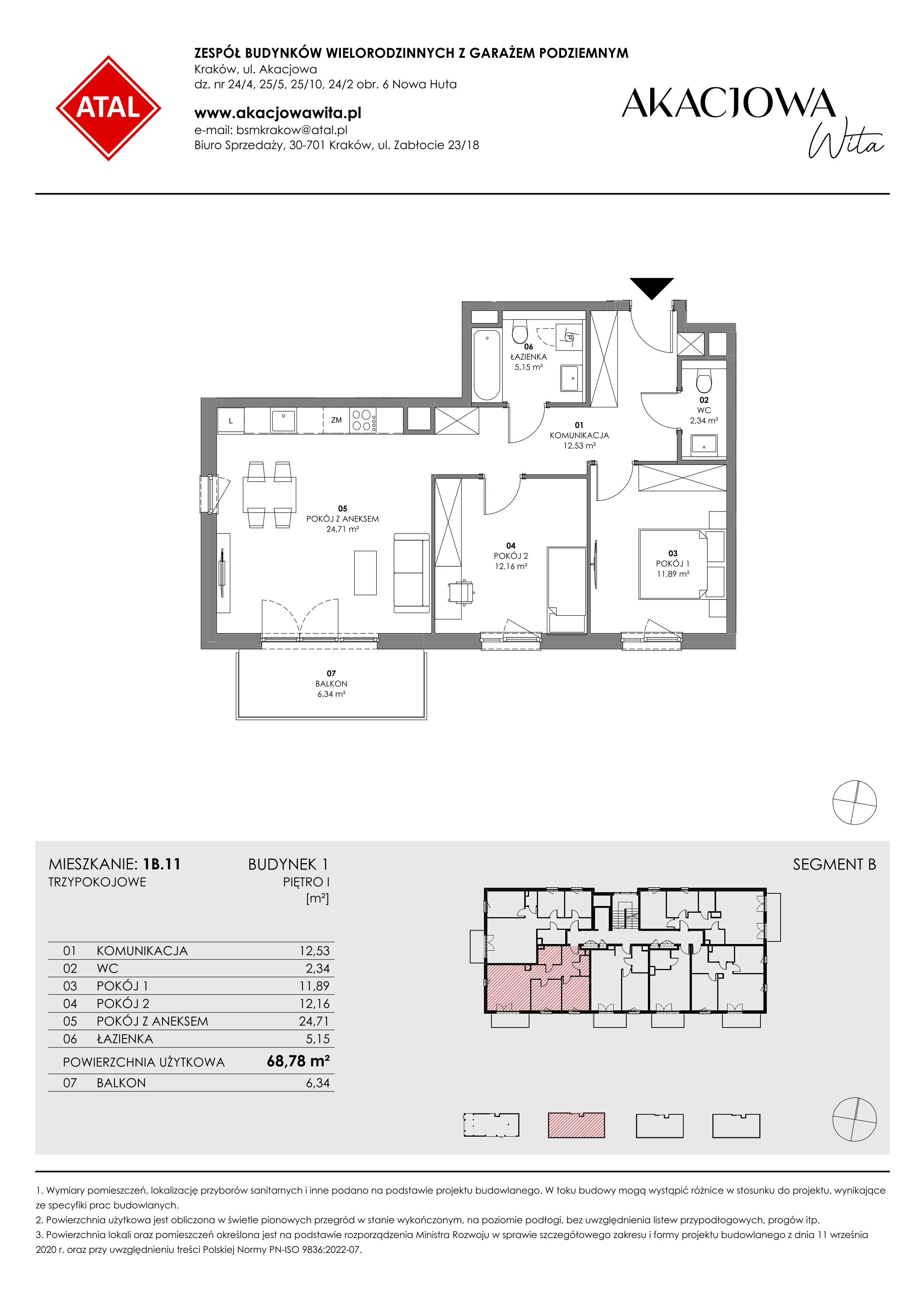 Mieszkanie 68,78 m², piętro 1, oferta nr 1B.11, Akacjowa Wita, Kraków, Prądnik Czerwony, Rakowice, ul. Akacjowa